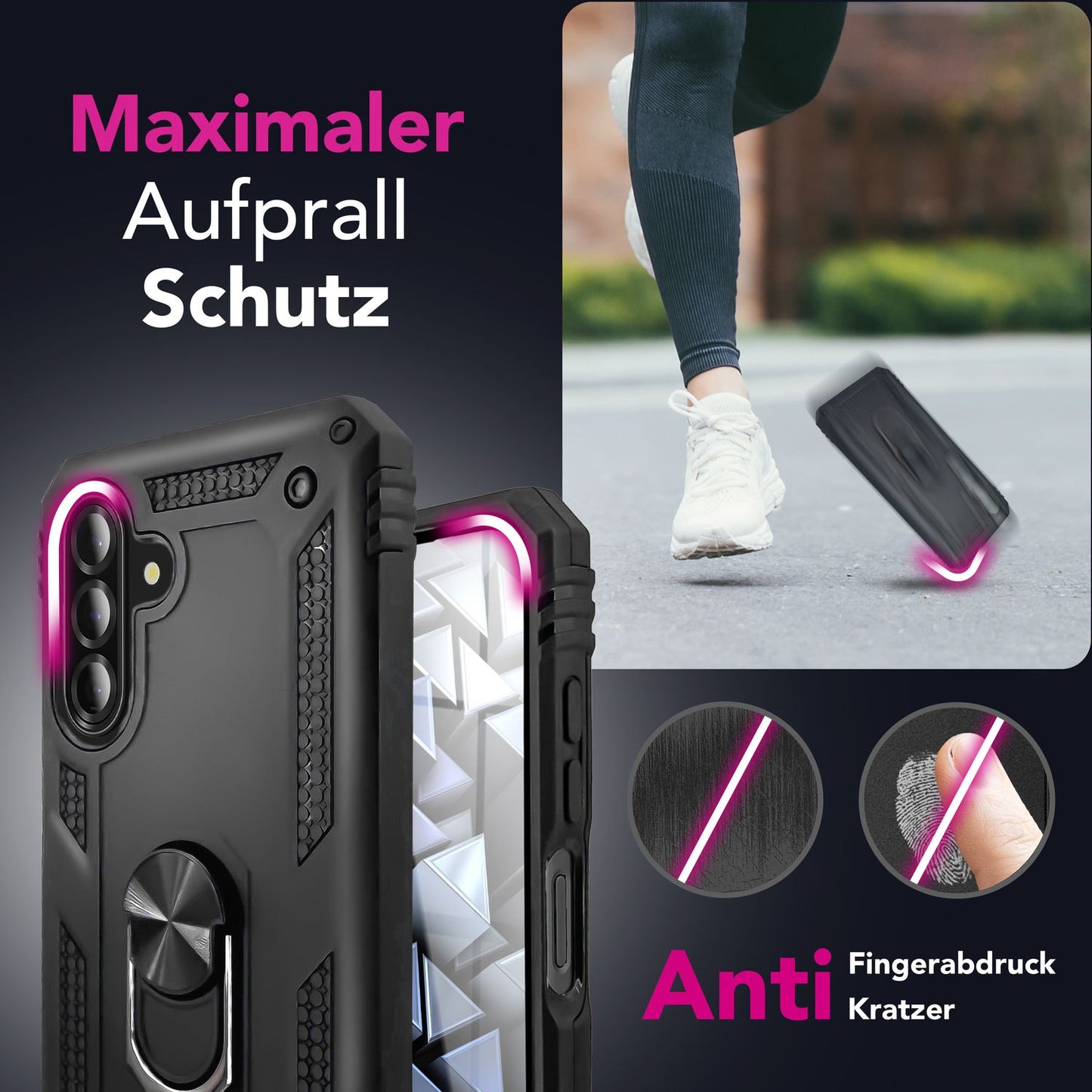 NALIA RingDefend Hülle für Samsung Galaxy A26 – Robuste Panzerhülle mit 360° Drehbarem Metallring, Kickstand & Finger-Halter, Stoßfeste Outdoor Schutzhülle, Rutschfest - Schwarz