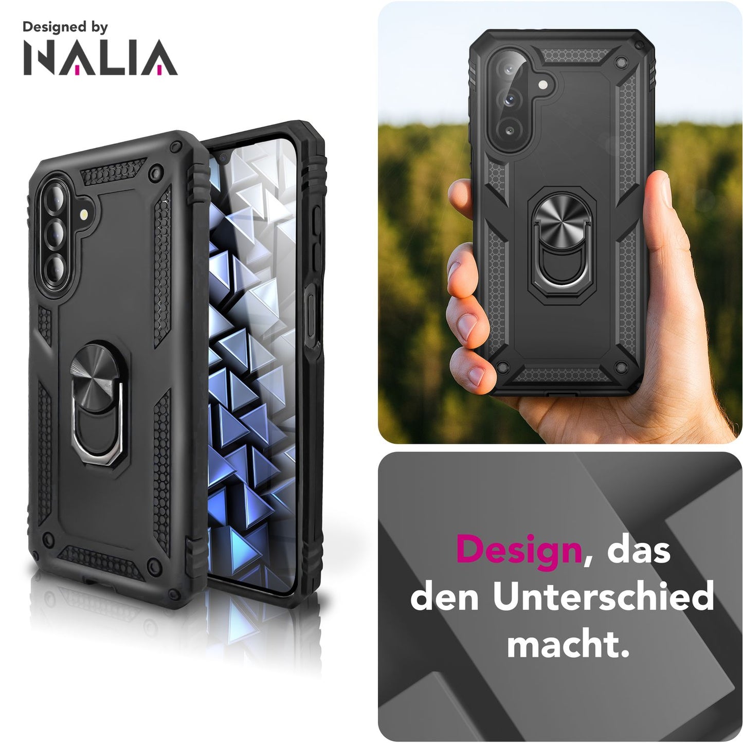 NALIA RingDefend Hülle für Samsung Galaxy A26 – Robuste Panzerhülle mit 360° Drehbarem Metallring, Kickstand & Finger-Halter, Stoßfeste Outdoor Schutzhülle, Rutschfest - Schwarz