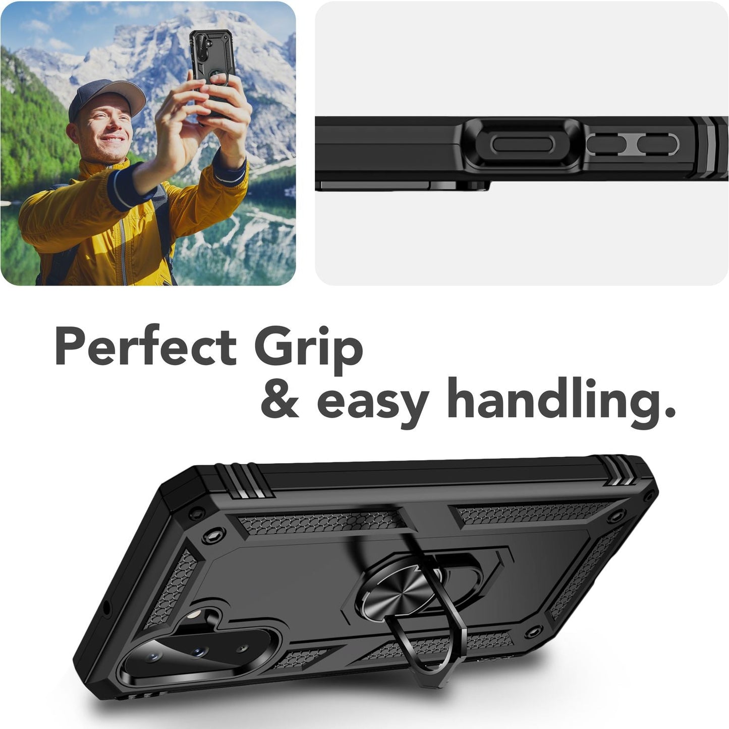 NALIA RingDefend Hülle für Samsung Galaxy A26 – Robuste Panzerhülle mit 360° Drehbarem Metallring, Kickstand & Finger-Halter, Stoßfeste Outdoor Schutzhülle, Rutschfest - Schwarz