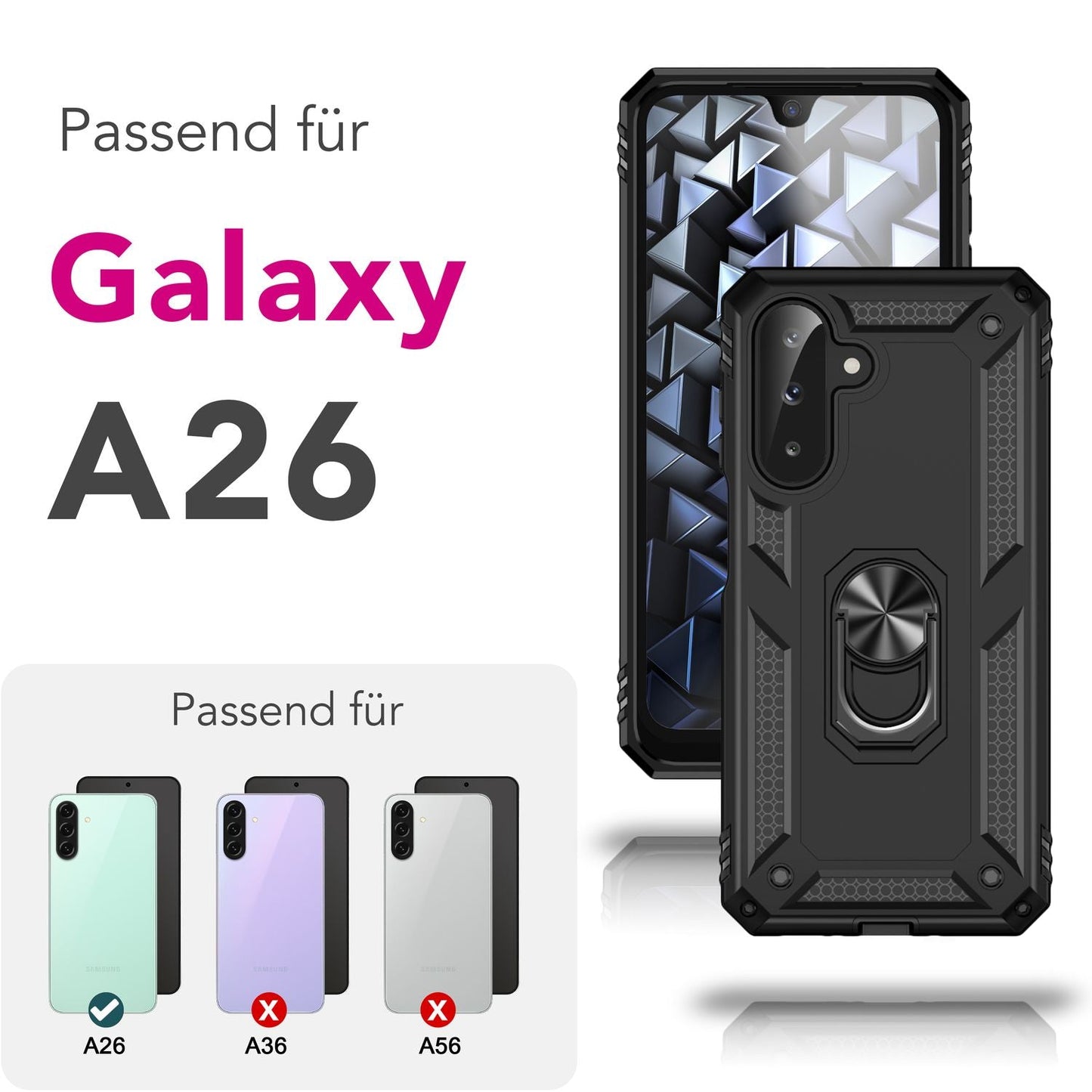 NALIA RingDefend Hülle für Samsung Galaxy A26 – Robuste Panzerhülle mit 360° Drehbarem Metallring, Kickstand & Finger-Halter, Stoßfeste Outdoor Schutzhülle, Rutschfest - Schwarz