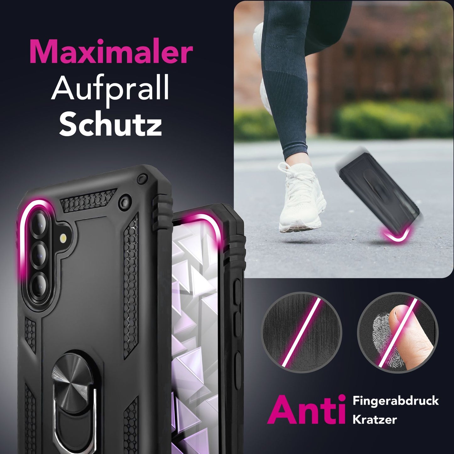 NALIA RingDefend Hülle für Samsung Galaxy A36 – Militärische Panzer Handyhülle mit 360° Metallring & Kickstand, Stoßfestes Armor Cover mit Grip, Outdoor Schutzhülle - Schwarz