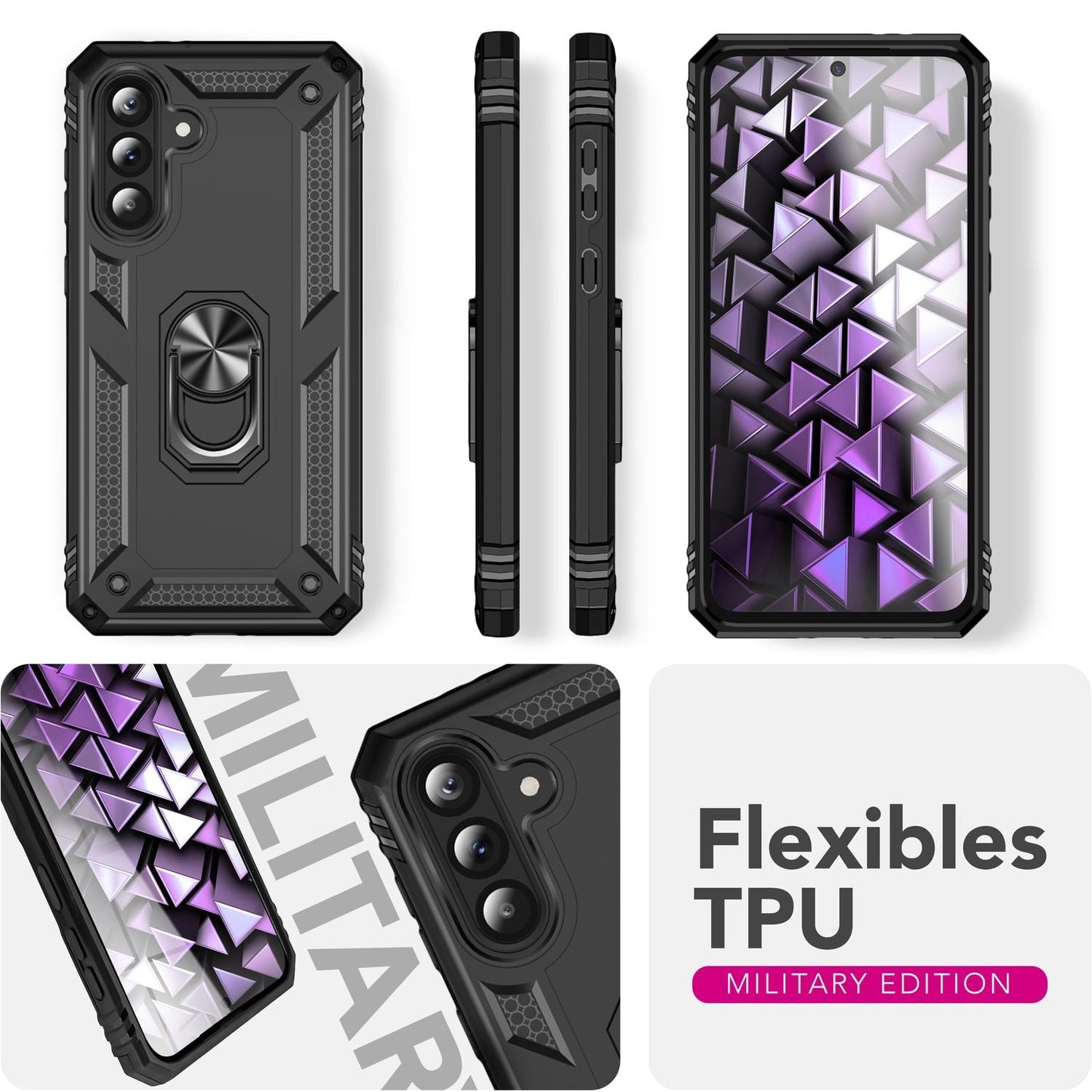 NALIA RingDefend Hülle für Samsung Galaxy A36 – Militärische Panzer Handyhülle mit 360° Metallring & Kickstand, Stoßfestes Armor Cover mit Grip, Outdoor Schutzhülle - Schwarz