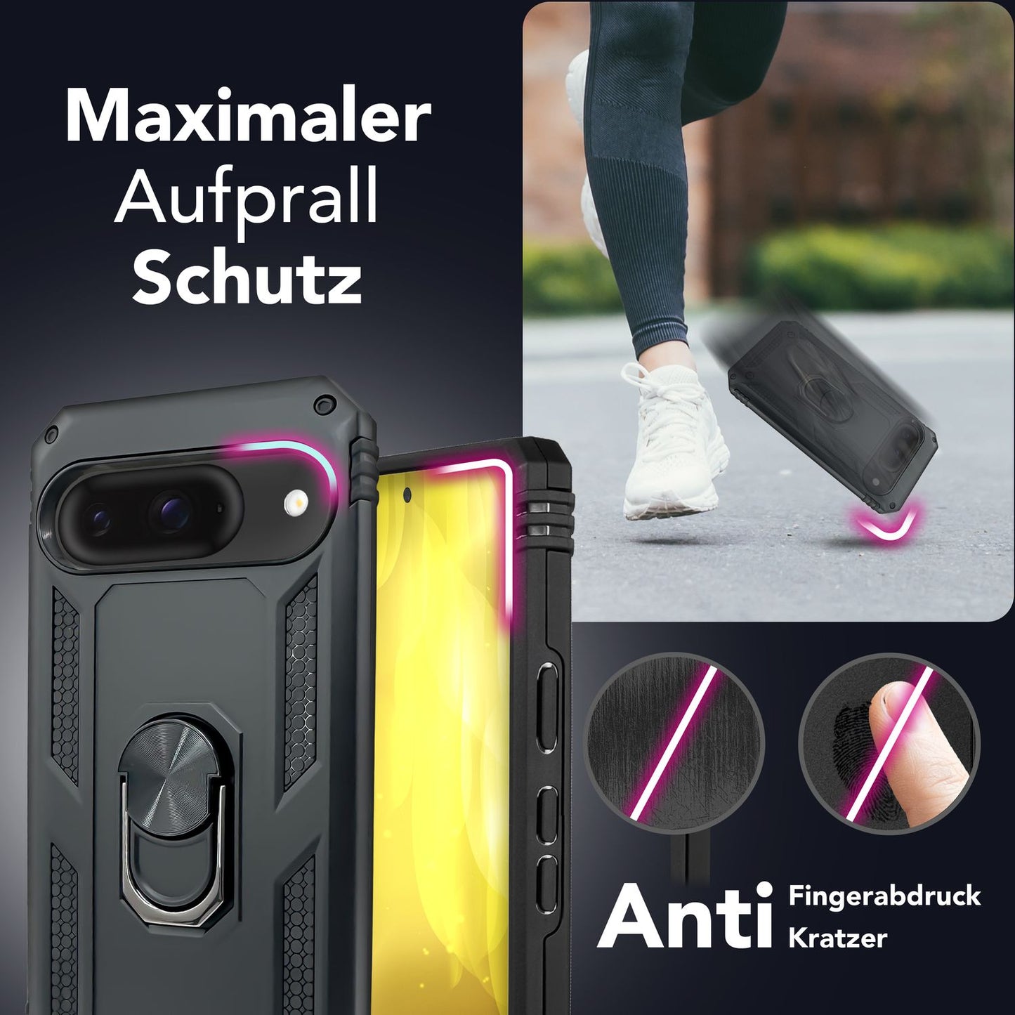 NALIA RingDefend Hülle für Google Pixel 9 – Taktische Handyhülle mit 360° Metall-Ringhalter, Rutschfestes Dual-Layer Case, Kickstand Hardcover mit Kantenschutz & Grip - Schwarz