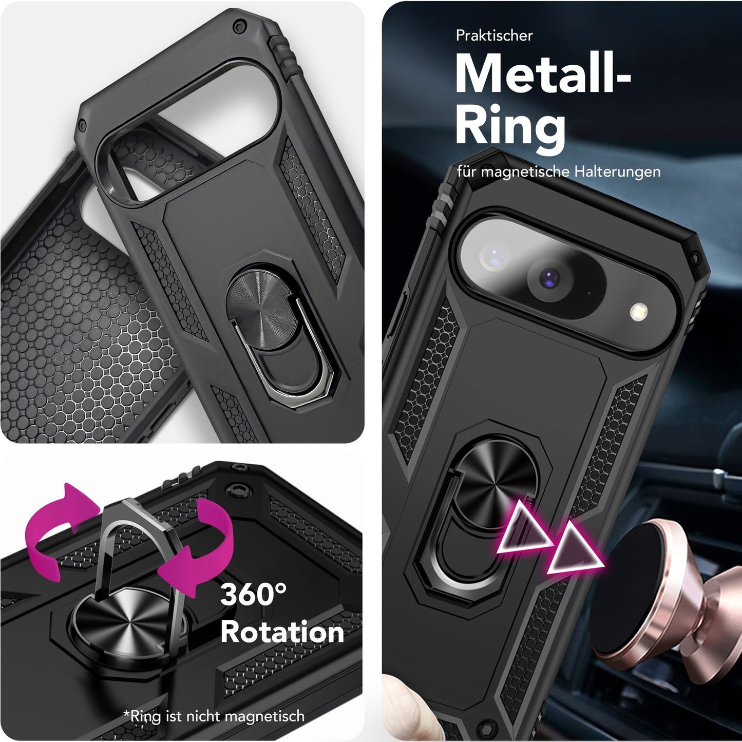 NALIA RingDefend Hülle für Google Pixel 9 – Taktische Handyhülle mit 360° Metall-Ringhalter, Rutschfestes Dual-Layer Case, Kickstand Hardcover mit Kantenschutz & Grip - Schwarz