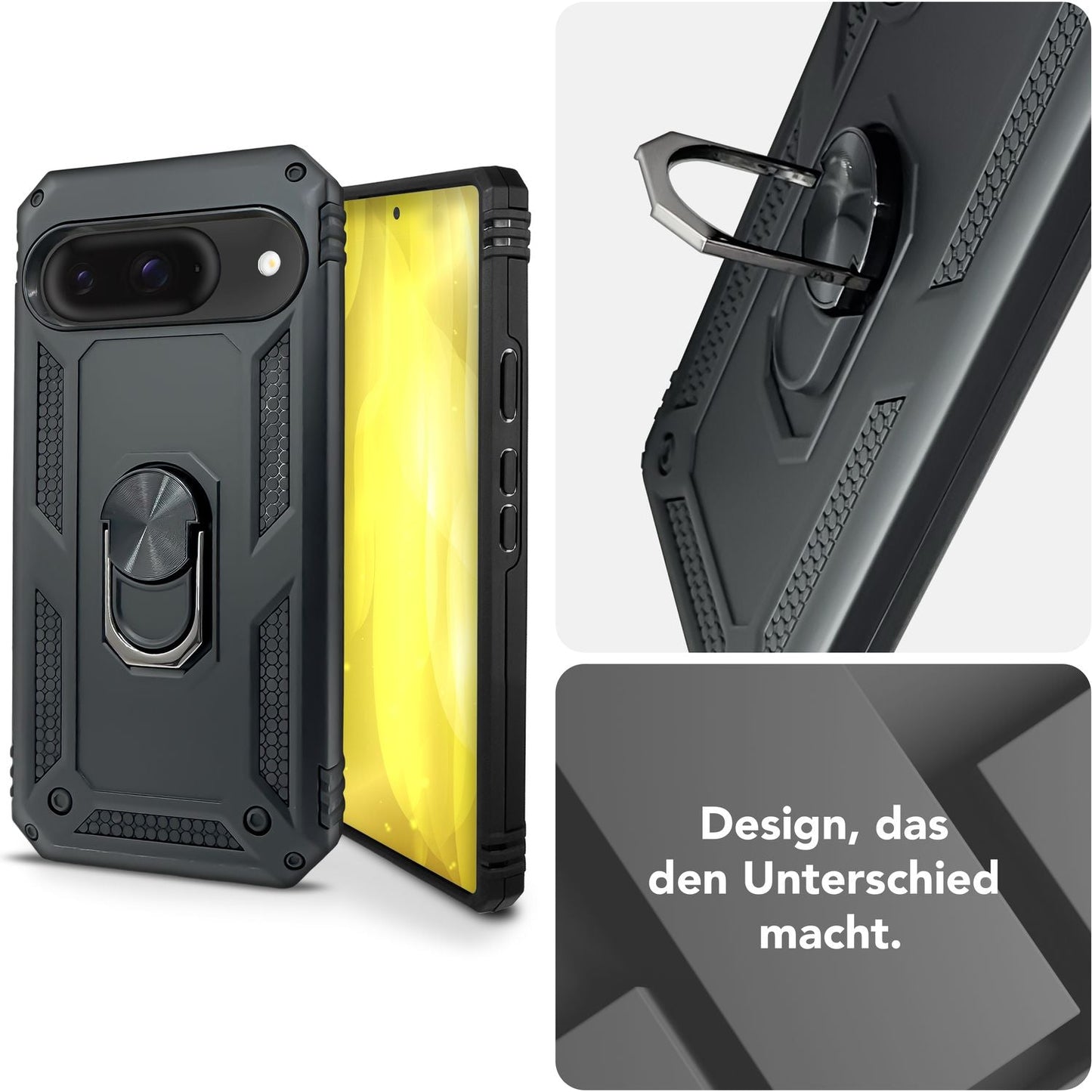NALIA RingDefend Hülle für Google Pixel 9 – Taktische Handyhülle mit 360° Metall-Ringhalter, Rutschfestes Dual-Layer Case, Kickstand Hardcover mit Kantenschutz & Grip - Schwarz