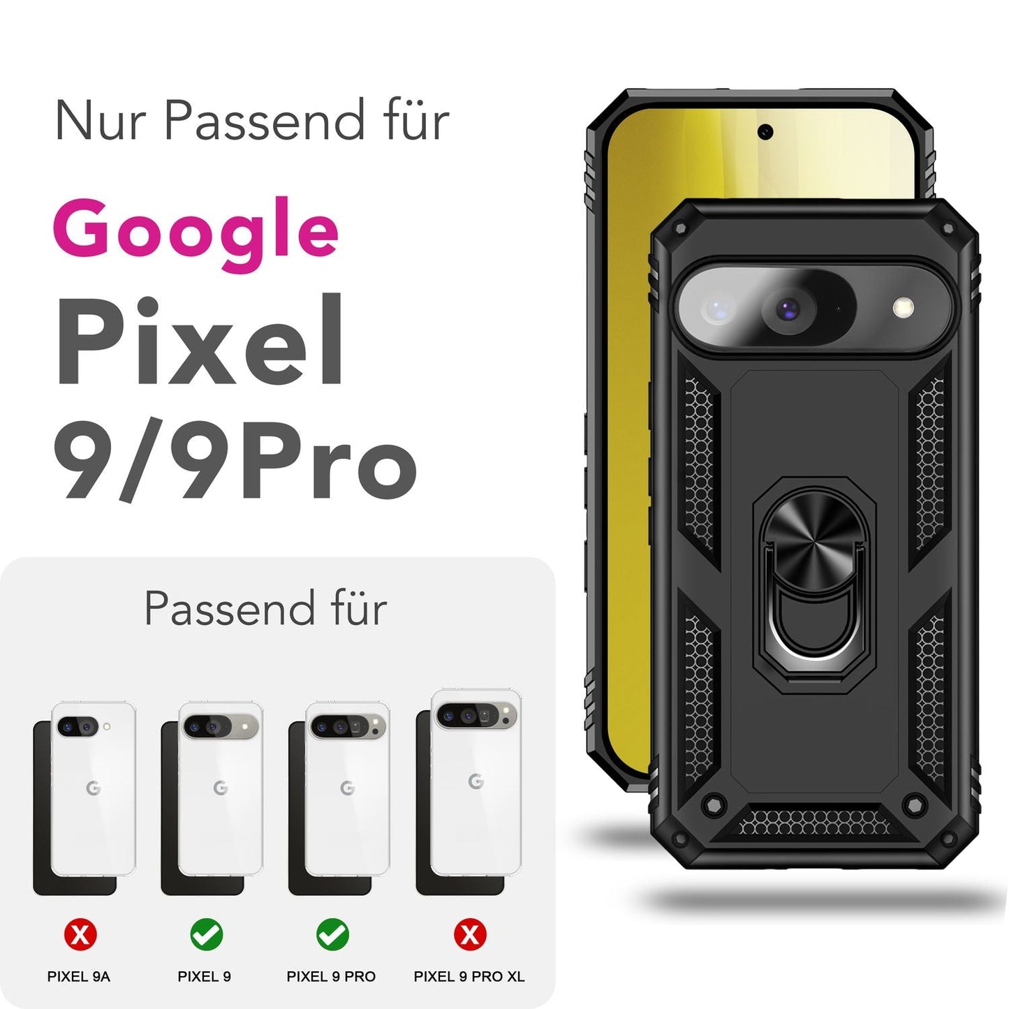 NALIA RingDefend Hülle für Google Pixel 9 – Taktische Handyhülle mit 360° Metall-Ringhalter, Rutschfestes Dual-Layer Case, Kickstand Hardcover mit Kantenschutz & Grip - Schwarz
