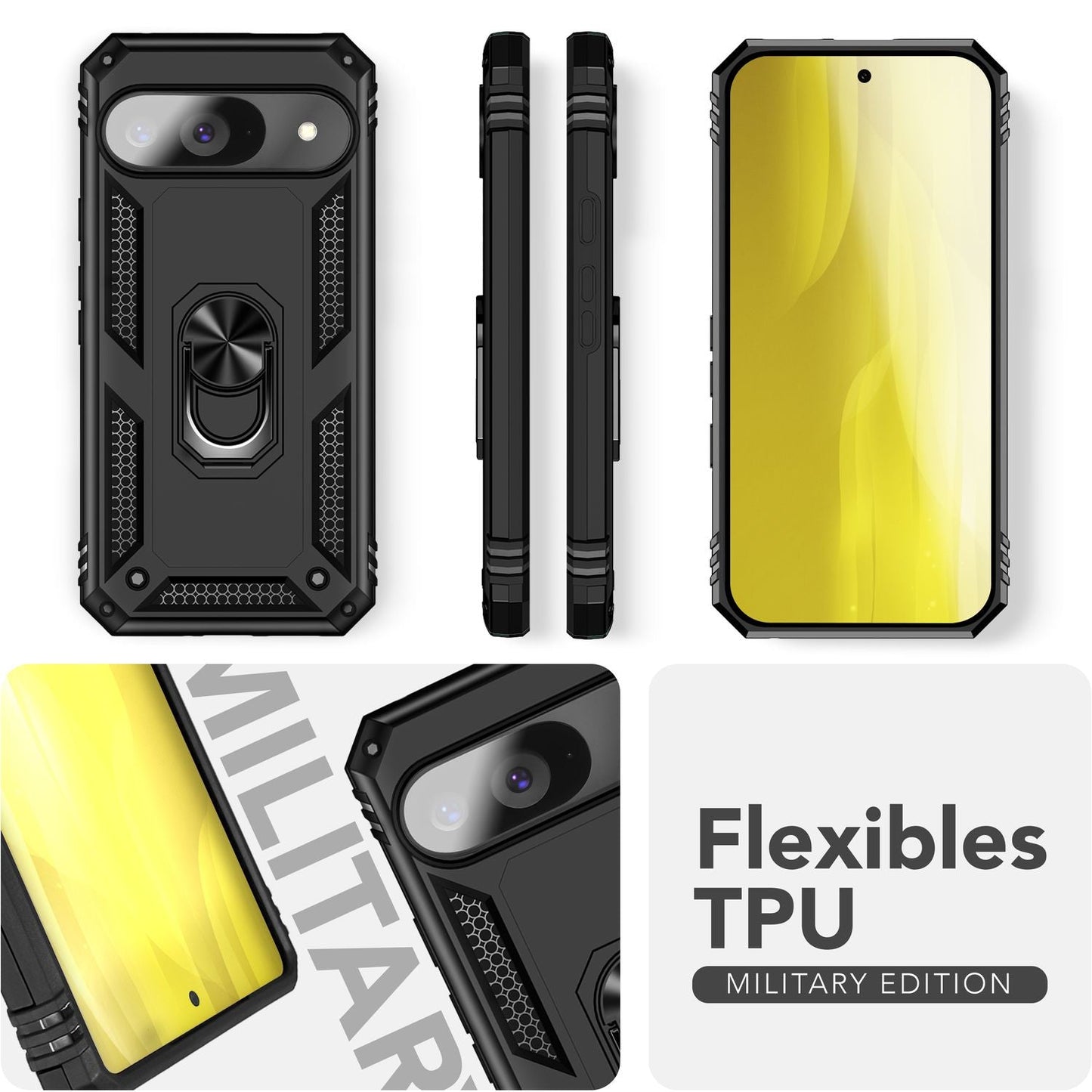 NALIA RingDefend Hülle für Google Pixel 9 – Taktische Handyhülle mit 360° Metall-Ringhalter, Rutschfestes Dual-Layer Case, Kickstand Hardcover mit Kantenschutz & Grip - Schwarz