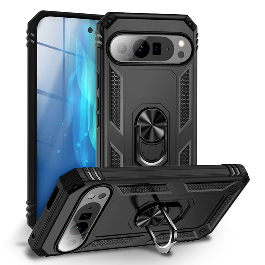 NALIA RingDefend Hülle für Google Pixel 9 Pro XL – Stoßfeste Panzerhülle mit 360° Metallring, Kickstand & Finger-Halter, Robustes Armor Case mit Grip, Militär Schutzhülle - Schwarz