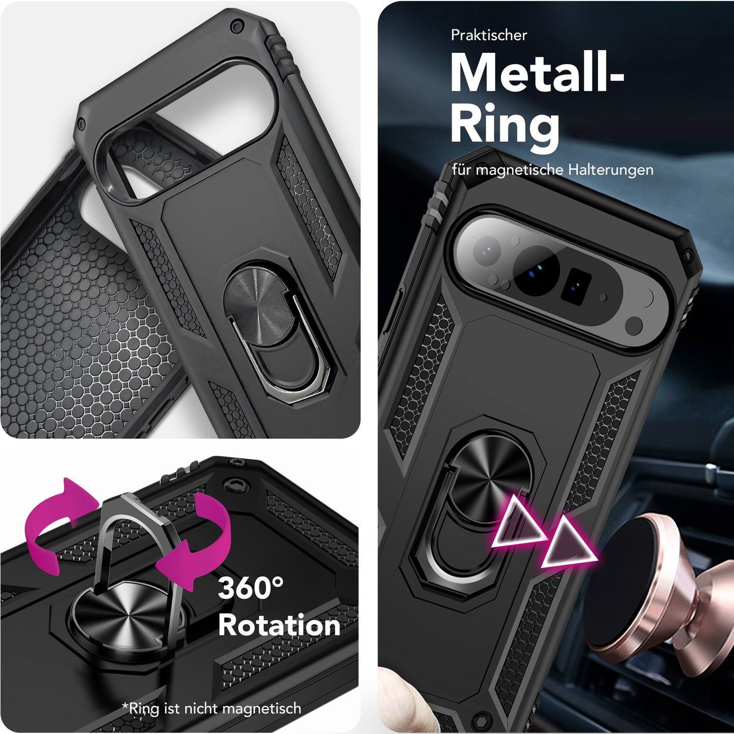 NALIA RingDefend Hülle für Google Pixel 9 Pro XL – Stoßfeste Panzerhülle mit 360° Metallring, Kickstand & Finger-Halter, Robustes Armor Case mit Grip, Militär Schutzhülle - Schwarz