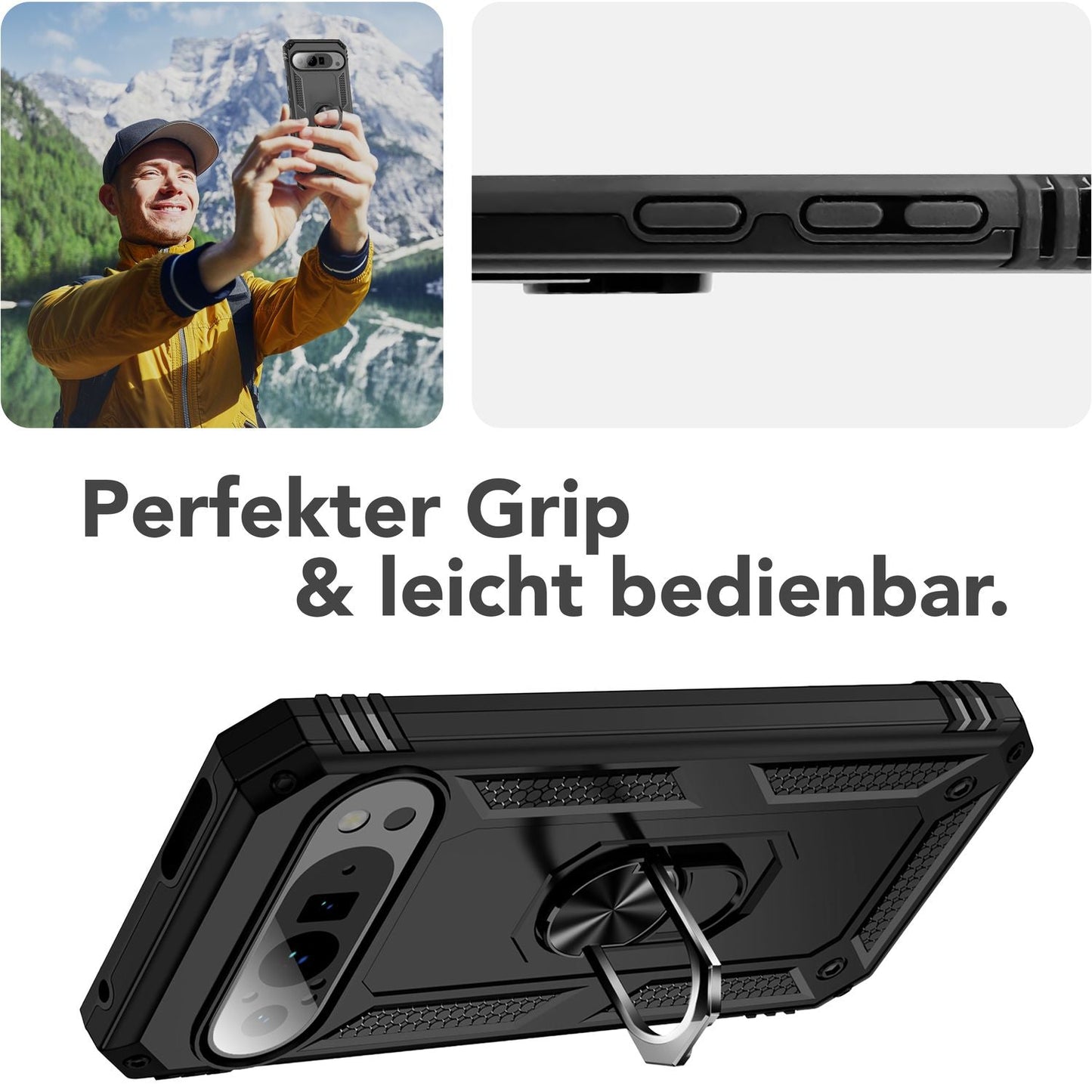 NALIA RingDefend Hülle für Google Pixel 9 Pro XL – Stoßfeste Panzerhülle mit 360° Metallring, Kickstand & Finger-Halter, Robustes Armor Case mit Grip, Militär Schutzhülle - Schwarz