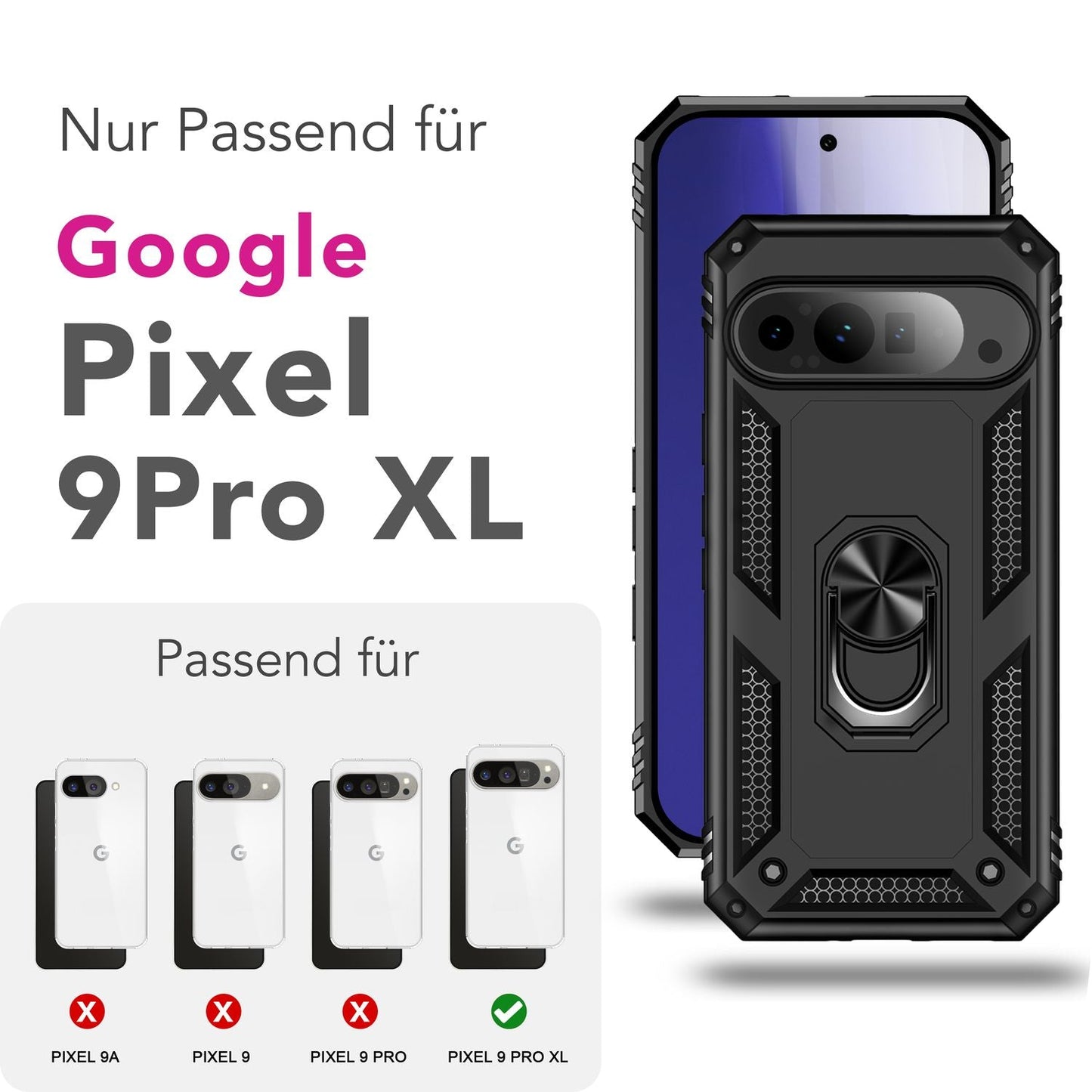 NALIA RingDefend Hülle für Google Pixel 9 Pro XL – Stoßfeste Panzerhülle mit 360° Metallring, Kickstand & Finger-Halter, Robustes Armor Case mit Grip, Militär Schutzhülle - Schwarz