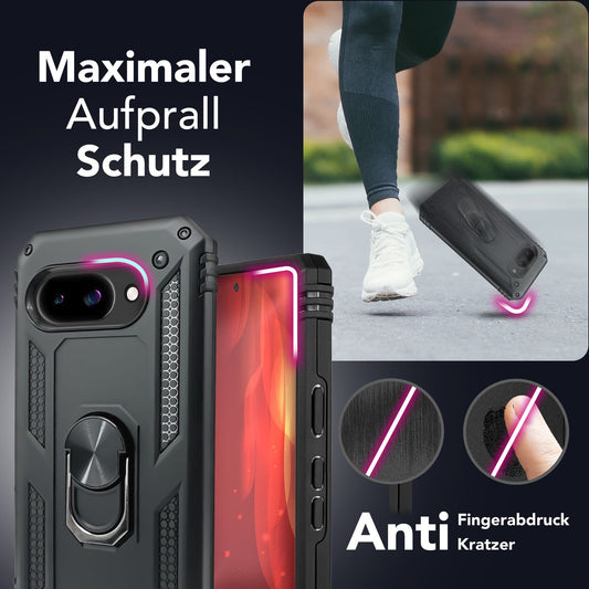 NALIA RingDefend Hülle für Google Pixel 9a – Militärtaugliches Outdoor Case mit 360° Ringhalter & Kickstand, Anti-Rutsch Armor Cover, Stoßfeste Handy-Schale, Panzerhülle - Schwarz