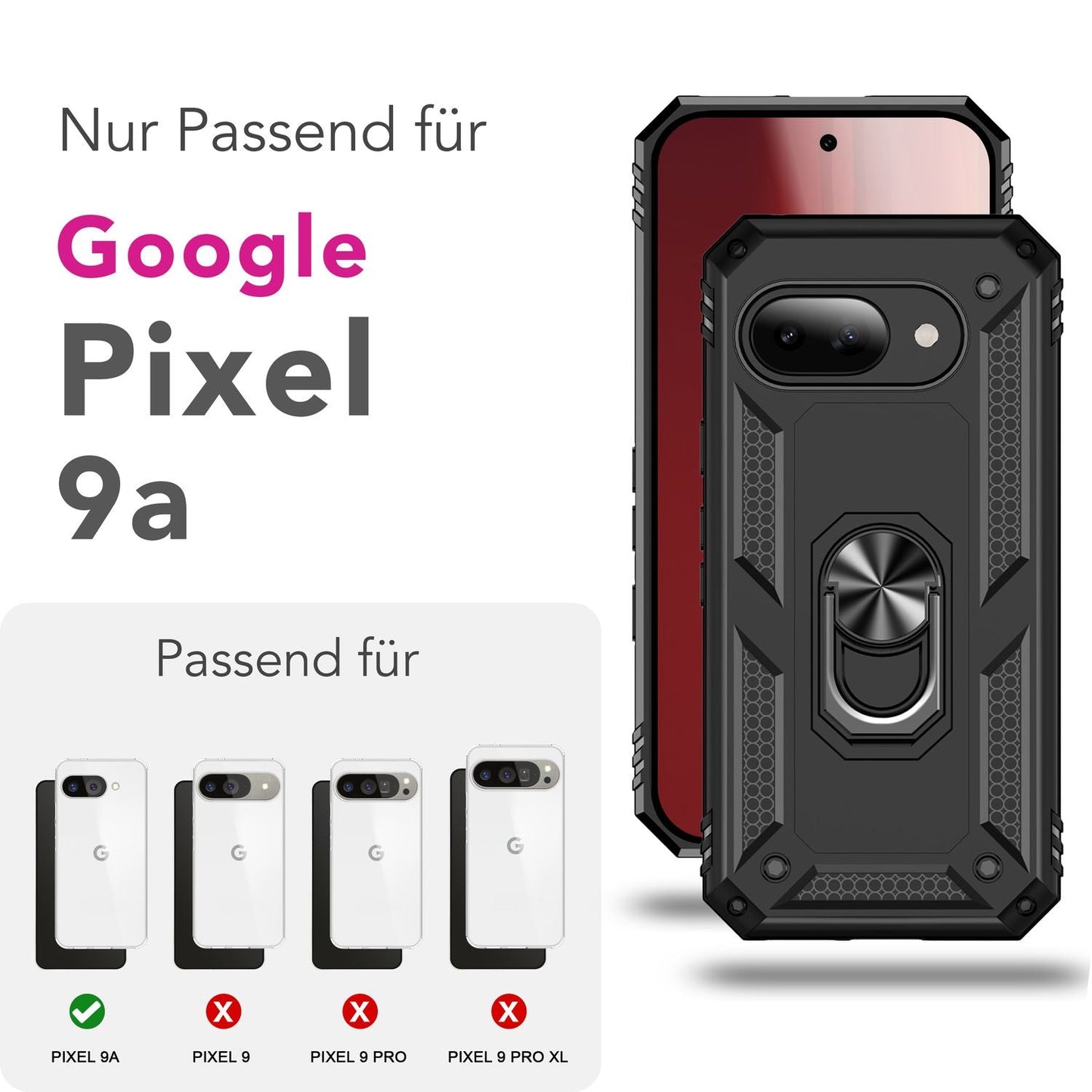Etui NALIA RingDefend do Google Pixel 9a – wojskowe etui zewnętrzne z uchwytem pierścieniowym 360° i podstawką, antypoślizgowa osłona, wstrząsoodporna obudowa telefonu, wytrzymała obudowa – czarne
