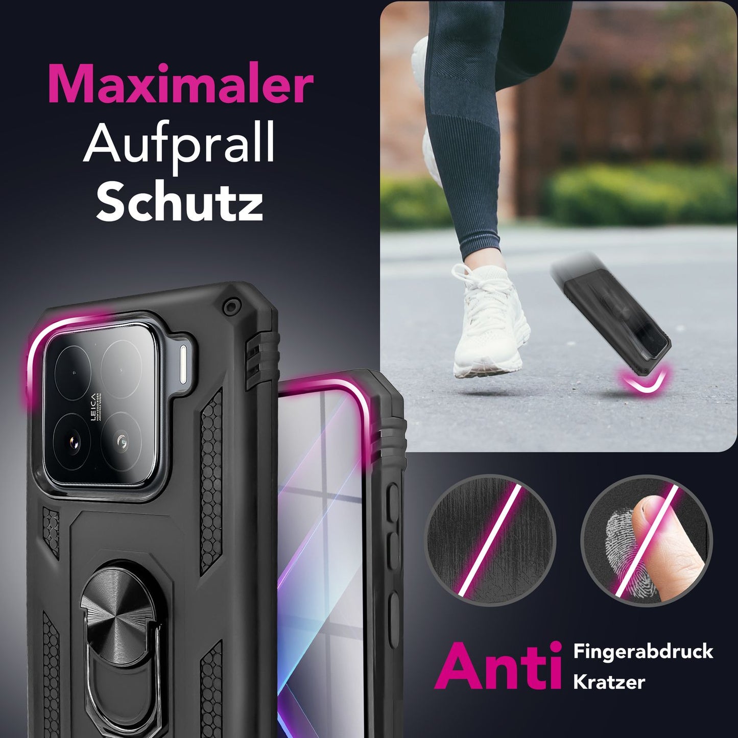 NALIA RingDefend Hülle für Xiaomi 15 – Militärische Panzerhülle mit 360° Metallring & Kickstand, Stoßfestes Dual-Layer Armor Case mit Anti-Rutsch Grip, Outdoor Cover - Schwarz