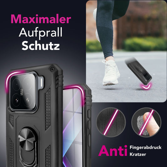 NALIA RingDefend Hülle für Xiaomi 15 – Militärische Panzerhülle mit 360° Metallring & Kickstand, Stoßfestes Dual-Layer Armor Case mit Anti-Rutsch Grip, Outdoor Cover - Schwarz