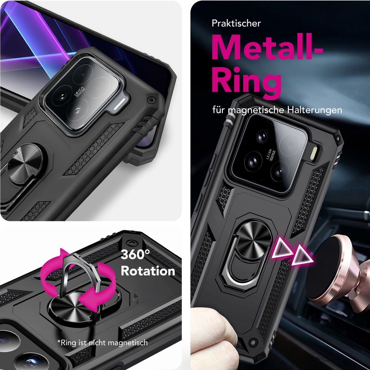 NALIA RingDefend Hülle für Xiaomi 15 – Militärische Panzerhülle mit 360° Metallring & Kickstand, Stoßfestes Dual-Layer Armor Case mit Anti-Rutsch Grip, Outdoor Cover - Schwarz