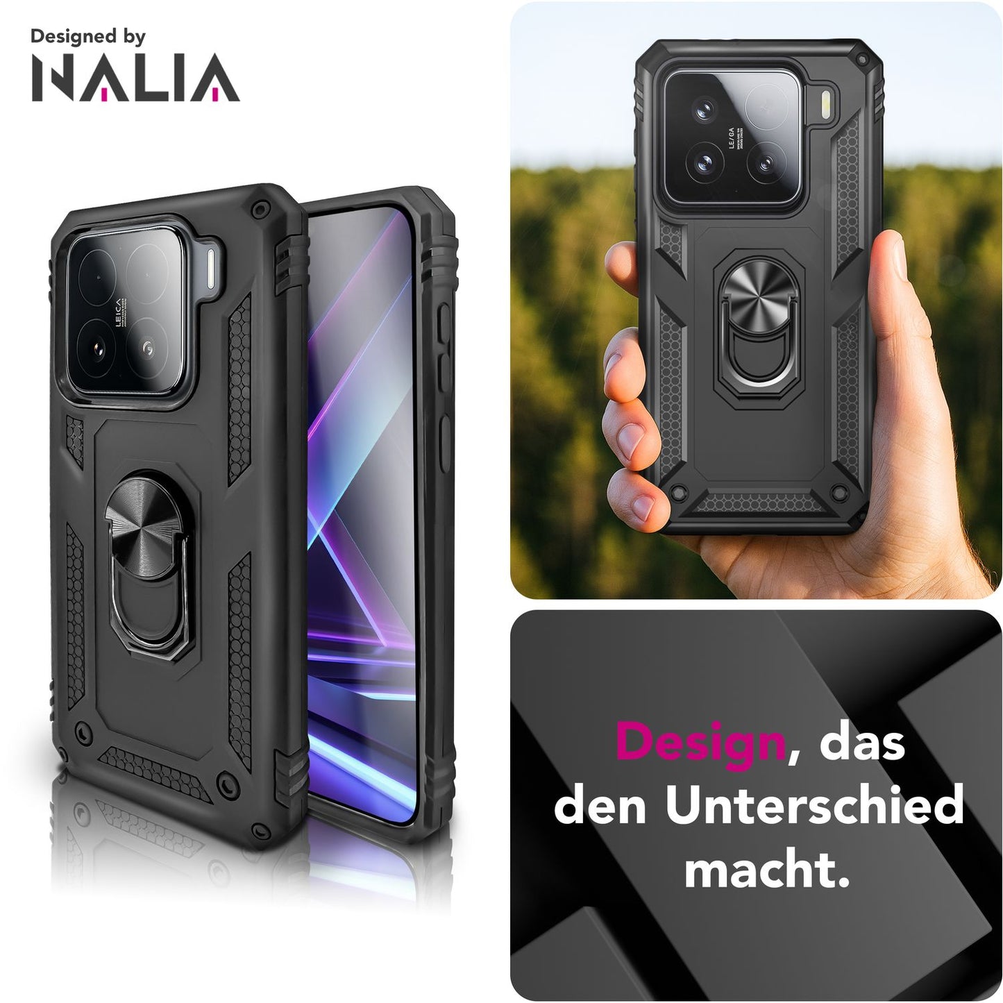 NALIA RingDefend Hülle für Xiaomi 15 – Militärische Panzerhülle mit 360° Metallring & Kickstand, Stoßfestes Dual-Layer Armor Case mit Anti-Rutsch Grip, Outdoor Cover - Schwarz