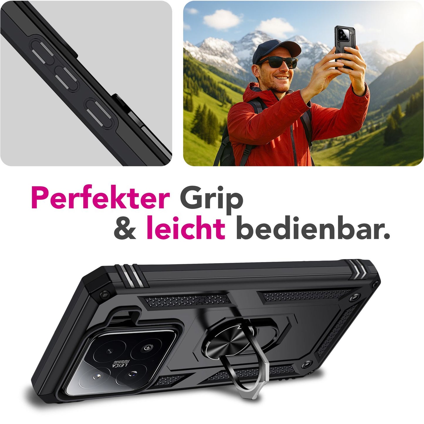 NALIA RingDefend Hülle für Xiaomi 15 – Militärische Panzerhülle mit 360° Metallring & Kickstand, Stoßfestes Dual-Layer Armor Case mit Anti-Rutsch Grip, Outdoor Cover - Schwarz