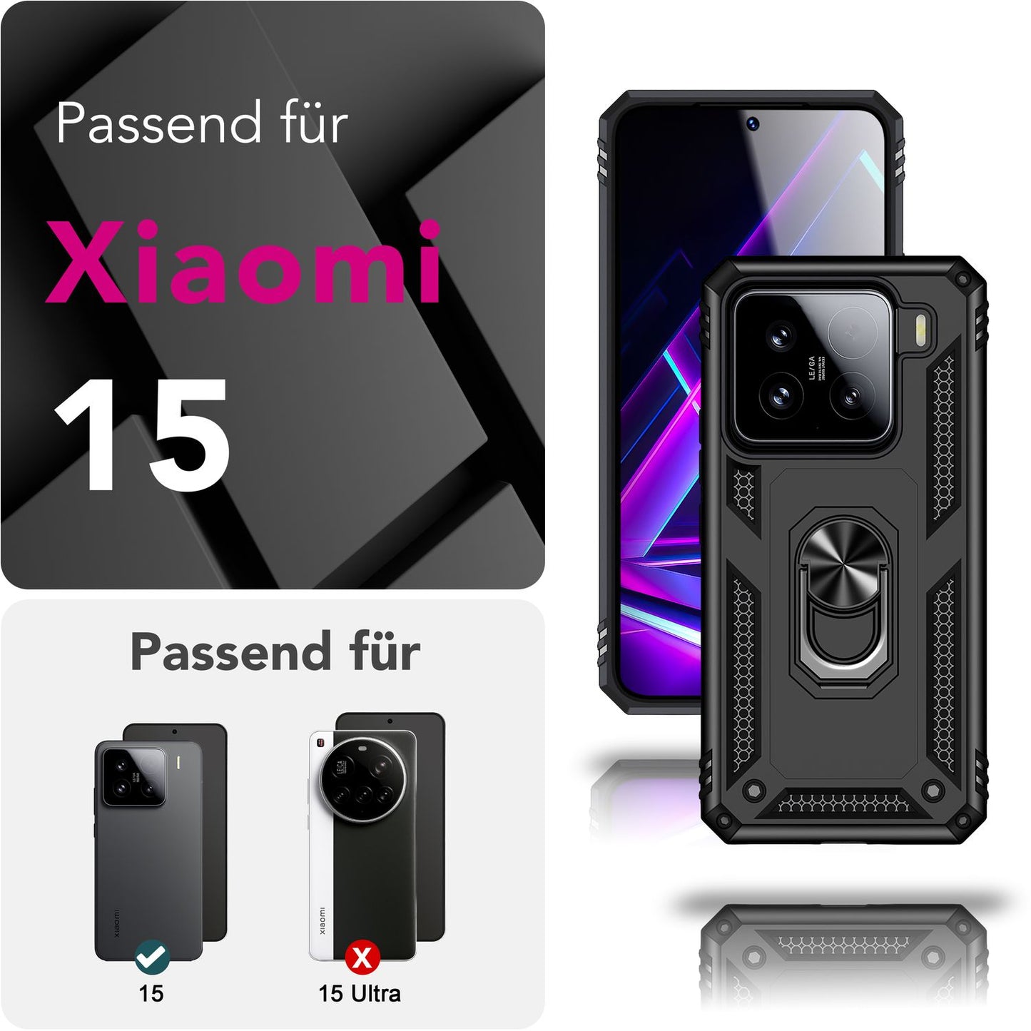 NALIA RingDefend Hülle für Xiaomi 15 – Militärische Panzerhülle mit 360° Metallring & Kickstand, Stoßfestes Dual-Layer Armor Case mit Anti-Rutsch Grip, Outdoor Cover - Schwarz