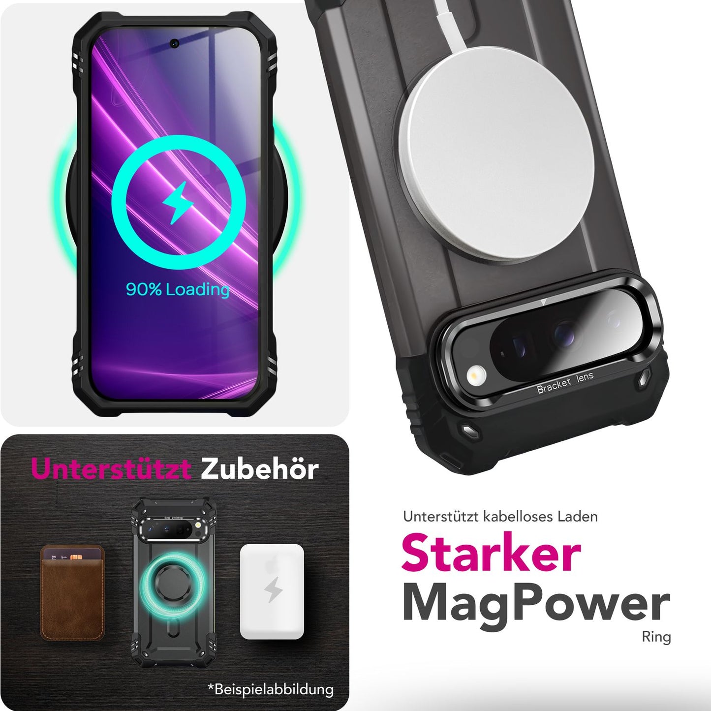 NALIA Granite Hülle für Google Pixel 9 Pro – Handyhülle für MagSafe, Extrem Widerstandsfähige Panzerhülle mit Kickstand, Harte Rückseite & Schutzrahmen gegen Aufprall