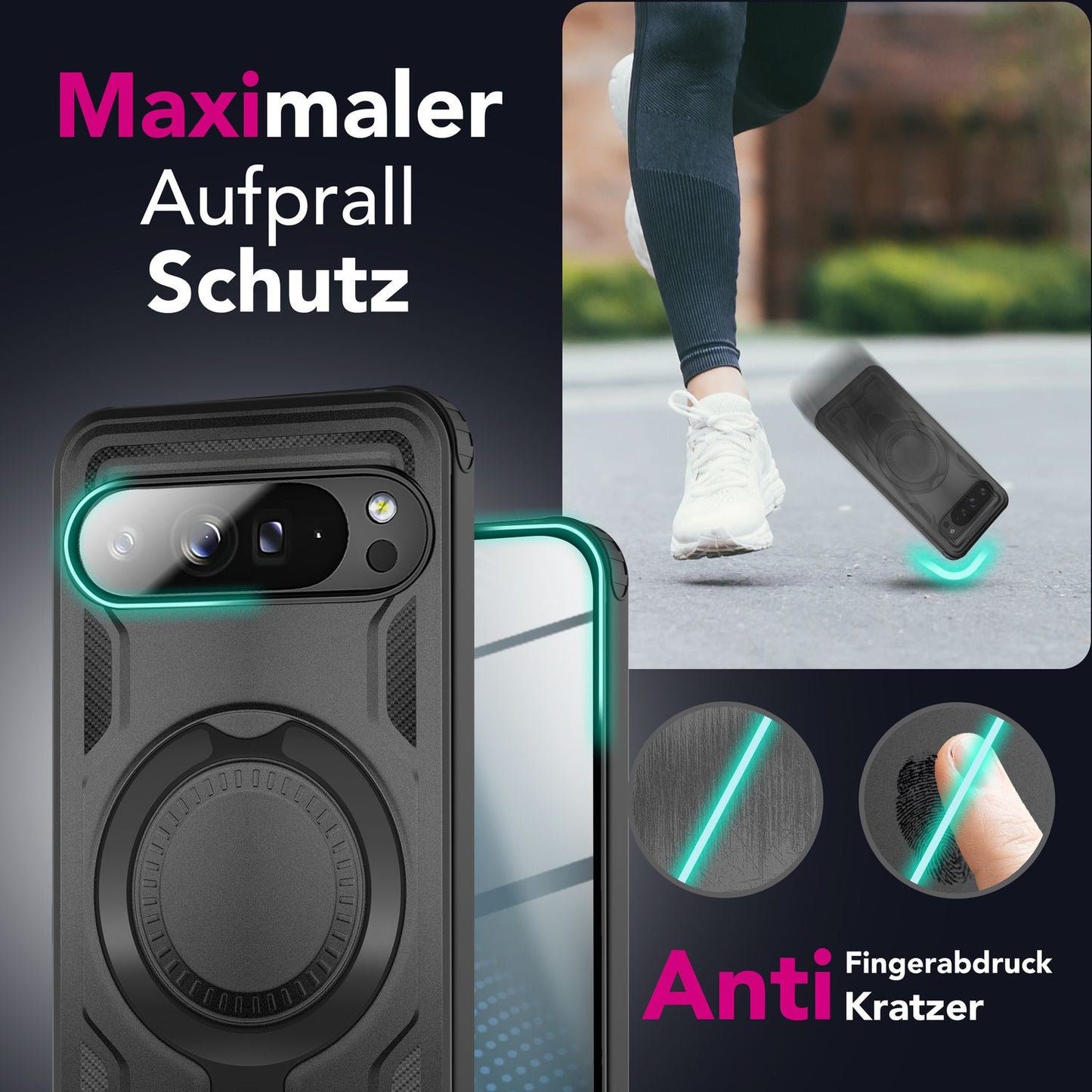 NALIA Stormguard Hülle für Google Pixel 9 Pro – Handyhülle für MagSafe, Shockproof Case mit Stoßschutz, 360° Dreh-Ring, Kickstand & Finger-Halter, Militär Schutzhülle