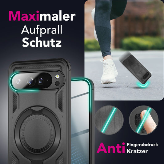 NALIA Stormguard Hülle für Google Pixel 9 Pro – Handyhülle für MagSafe, Shockproof Case mit Stoßschutz, 360° Dreh-Ring, Kickstand & Finger-Halter, Militär Schutzhülle