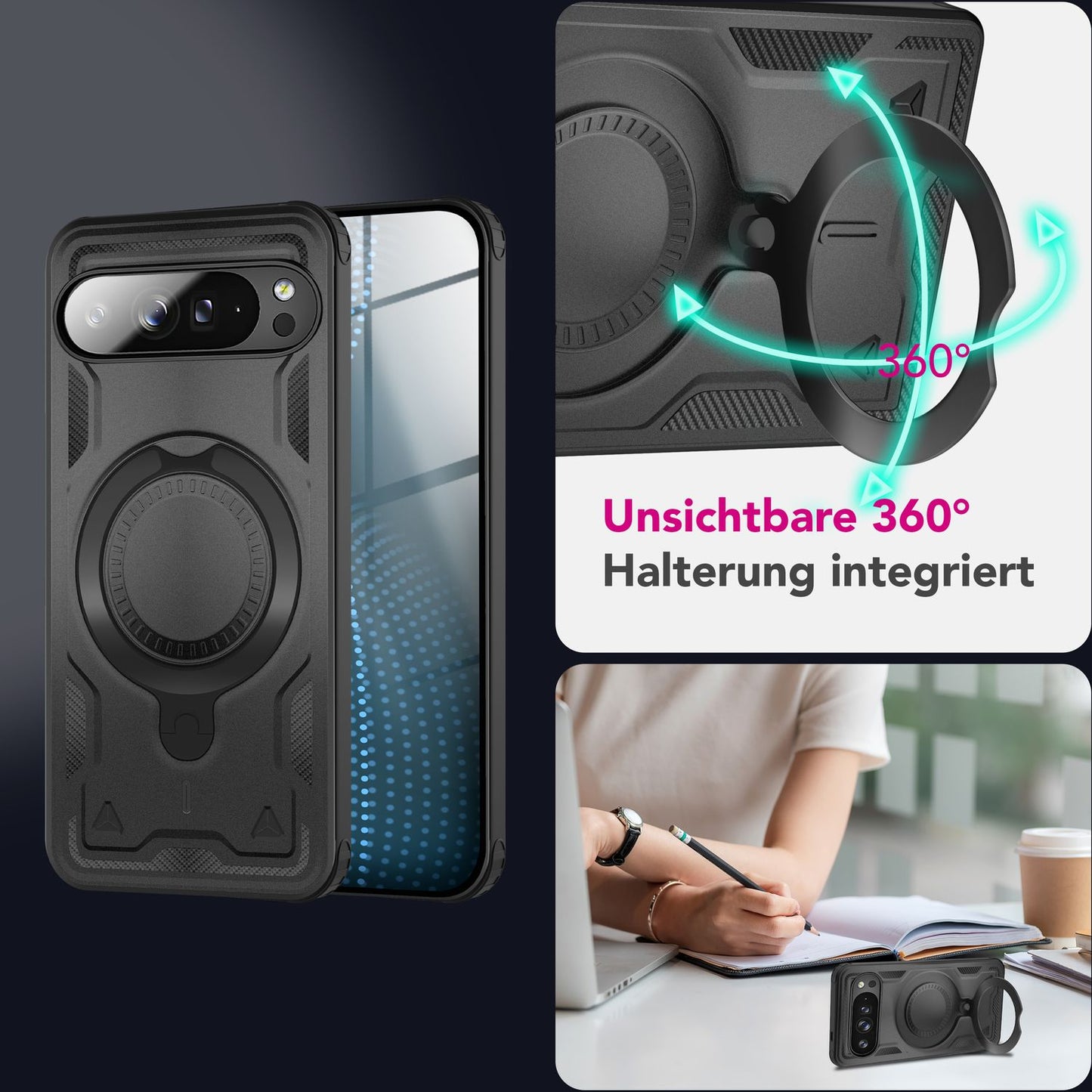 NALIA Stormguard Hülle für Google Pixel 9 Pro – Handyhülle für MagSafe, Shockproof Case mit Stoßschutz, 360° Dreh-Ring, Kickstand & Finger-Halter, Militär Schutzhülle