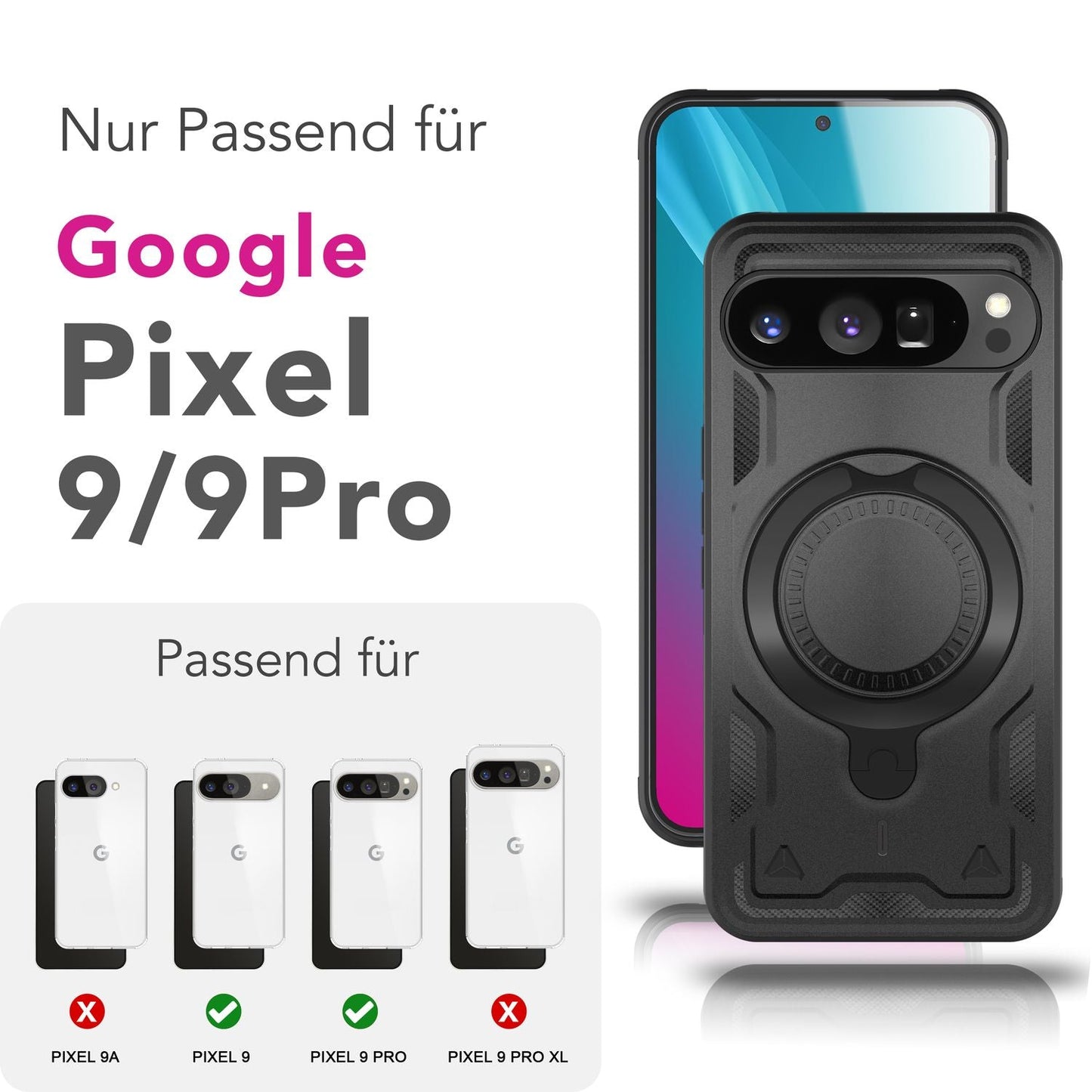 NALIA Stormguard Hülle für Google Pixel 9 Pro – Handyhülle für MagSafe, Shockproof Case mit Stoßschutz, 360° Dreh-Ring, Kickstand & Finger-Halter, Militär Schutzhülle