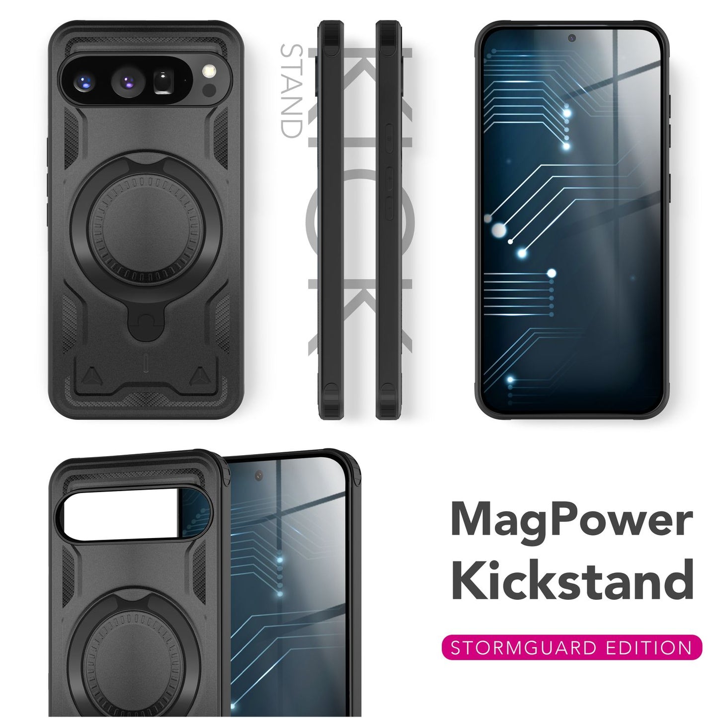 NALIA Stormguard Hülle für Google Pixel 9 Pro – Handyhülle für MagSafe, Shockproof Case mit Stoßschutz, 360° Dreh-Ring, Kickstand & Finger-Halter, Militär Schutzhülle