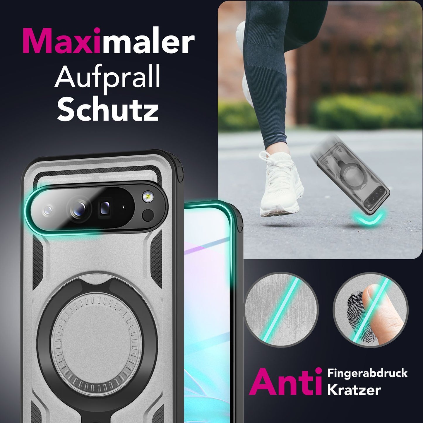 NALIA Stormguard Hülle für Google Pixel 9 Pro – Handyhülle für MagSafe, Shockproof Case mit Stoßschutz, 360° Dreh-Ring, Kickstand & Finger-Halter, Militär Schutzhülle