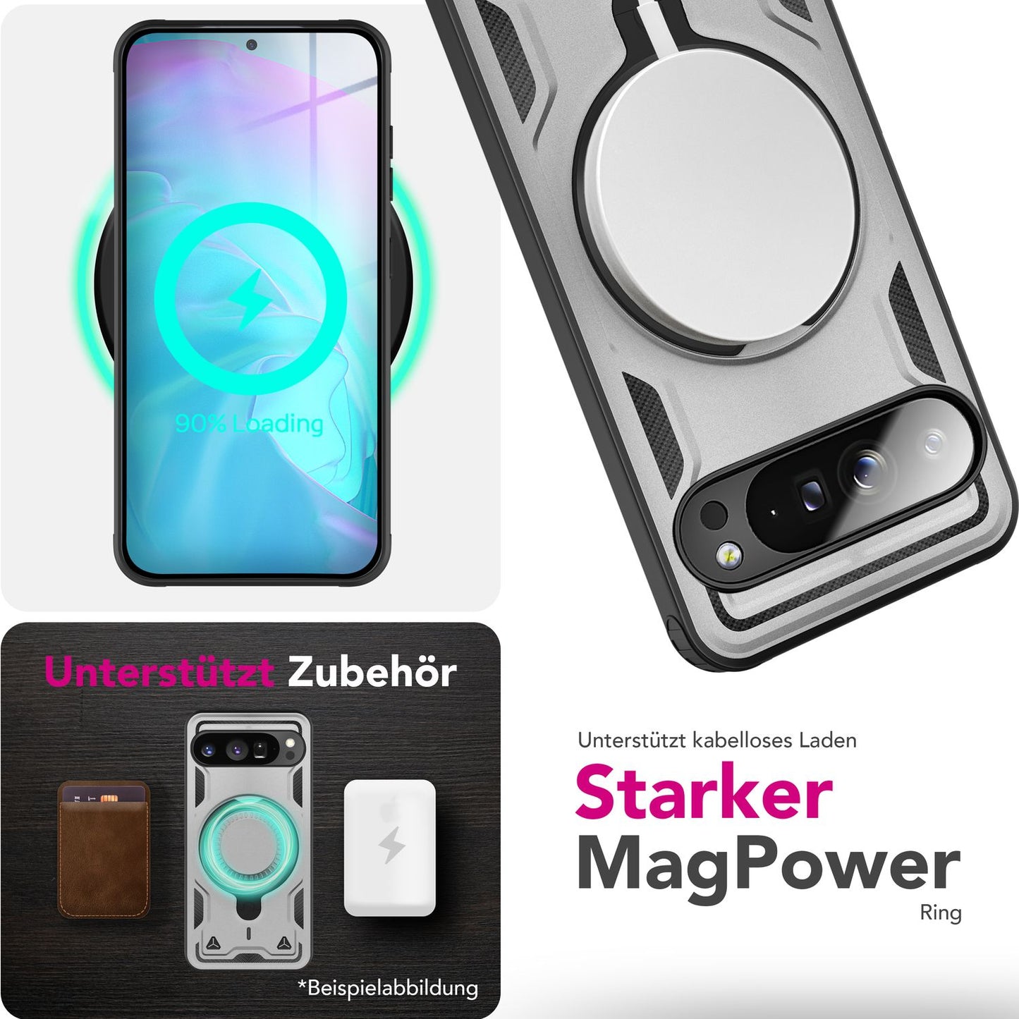 NALIA Stormguard Hülle für Google Pixel 9 Pro – Handyhülle für MagSafe, Shockproof Case mit Stoßschutz, 360° Dreh-Ring, Kickstand & Finger-Halter, Militär Schutzhülle