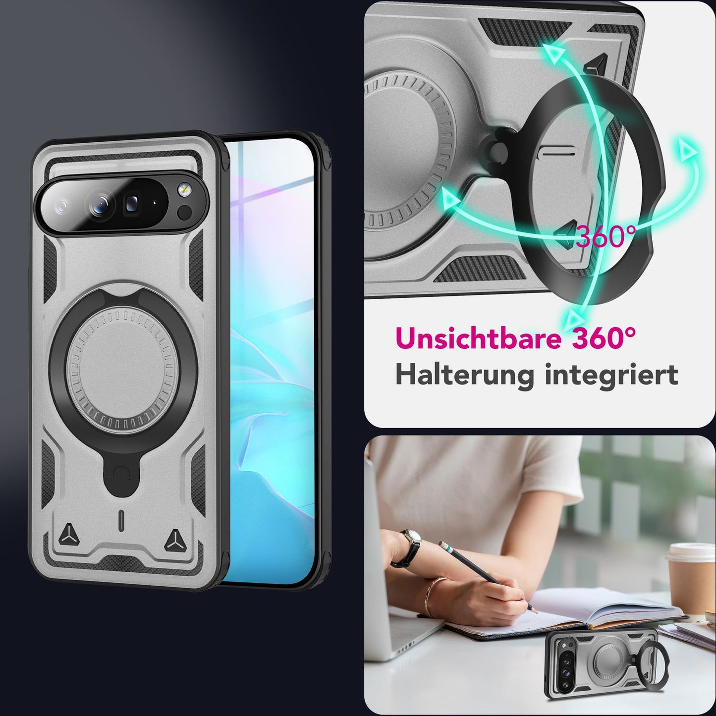 NALIA Stormguard Hülle für Google Pixel 9 Pro – Handyhülle für MagSafe, Shockproof Case mit Stoßschutz, 360° Dreh-Ring, Kickstand & Finger-Halter, Militär Schutzhülle