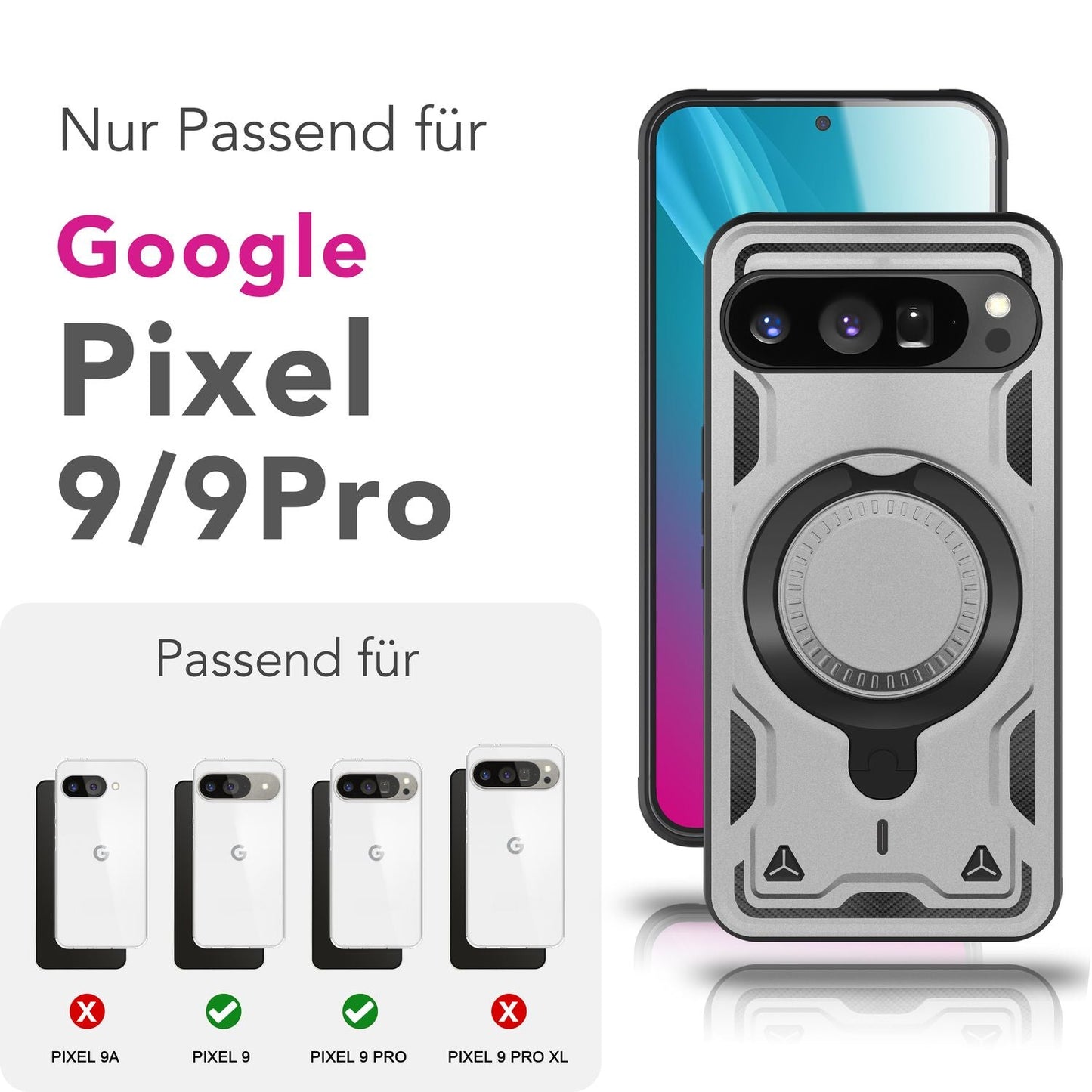 NALIA Stormguard Hülle für Google Pixel 9 Pro – Handyhülle für MagSafe, Shockproof Case mit Stoßschutz, 360° Dreh-Ring, Kickstand & Finger-Halter, Militär Schutzhülle