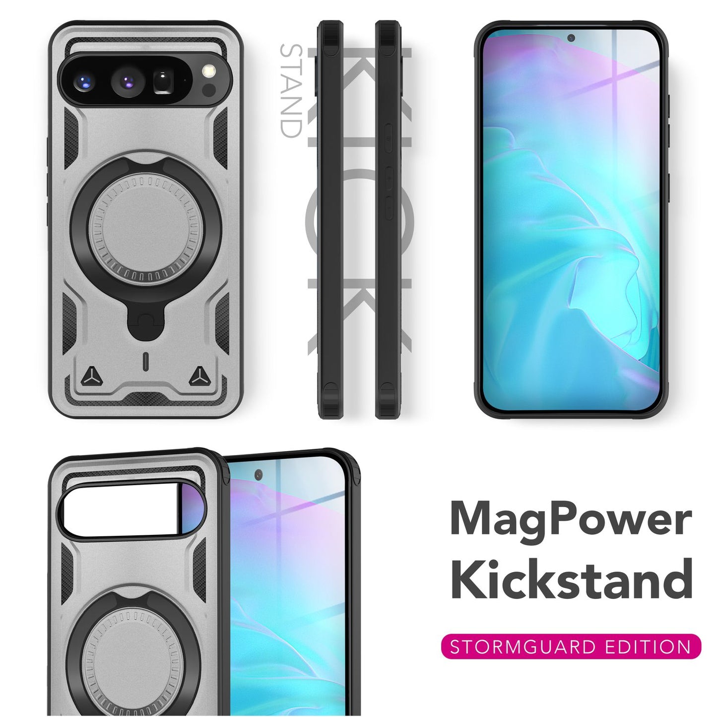 NALIA Stormguard Hülle für Google Pixel 9 Pro – Handyhülle für MagSafe, Shockproof Case mit Stoßschutz, 360° Dreh-Ring, Kickstand & Finger-Halter, Militär Schutzhülle