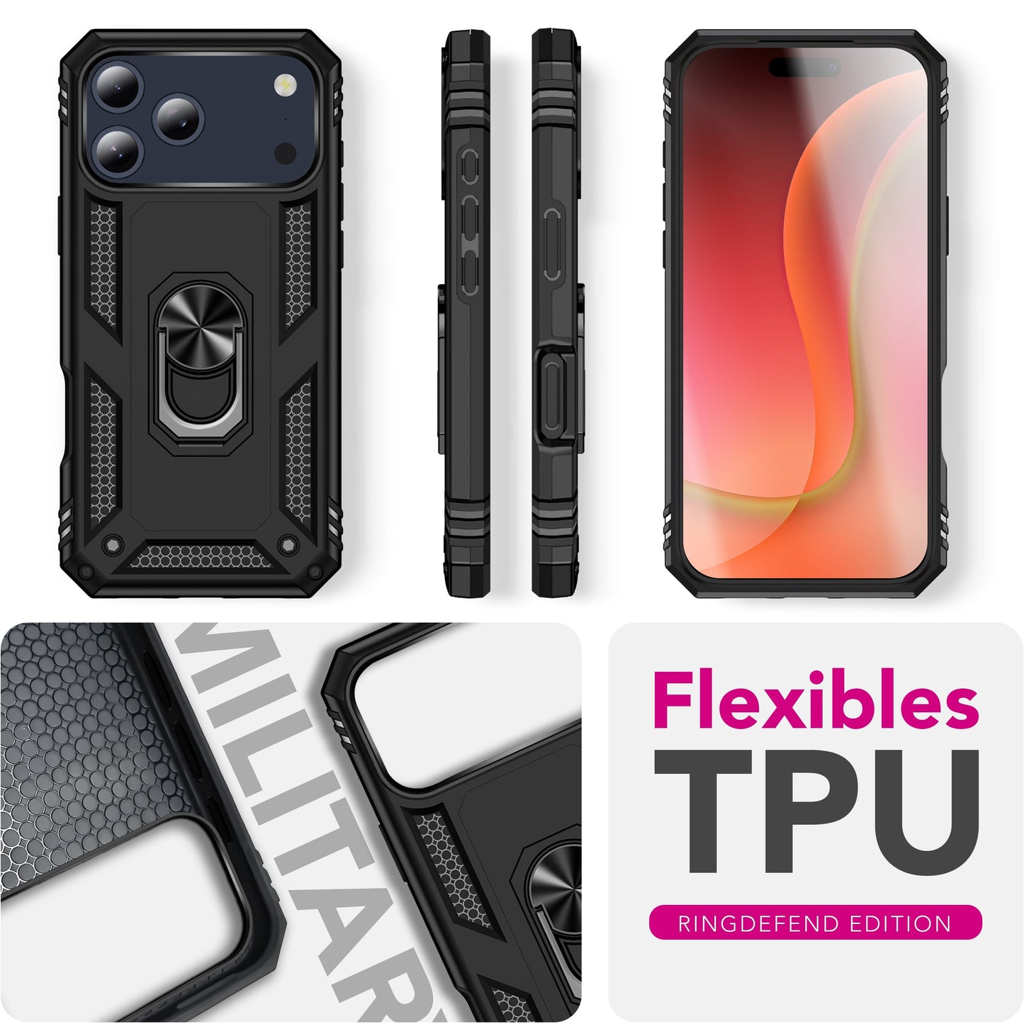 NALIA Hülle RingDefend für Apple iPhone 17 Pro (Military-Grade Schutz) - Armor Schutzhülle mit 360° Ring-Halter & Ständer, Stoßfest & Schlagresistent, Robustes Hardcase - Schwarz