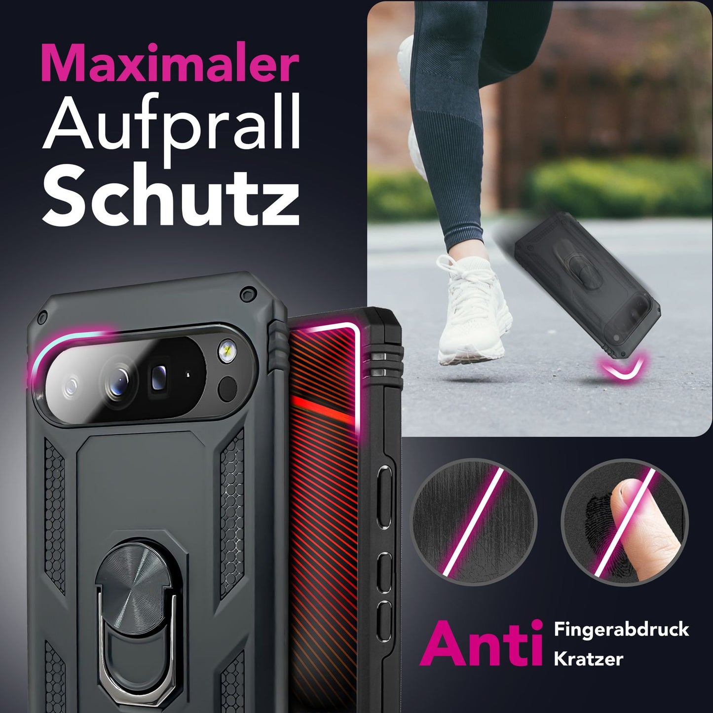 NALIA Hülle RingDefend für Google Pixel 10 Pro (Military-Grade Schutz), Militär Panzerhülle mit 360° Dreh-Ring & Ständer, Schlagfest & Stoßsicher, Outdoor Handy Cover - Schwarz