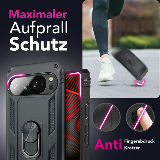 NALIA Hülle RingDefend für Google Pixel 10 Pro (Military-Grade Schutz), Militär Panzerhülle mit 360° Dreh-Ring & Ständer, Schlagfest & Stoßsicher, Outdoor Handy Cover - Schwarz
