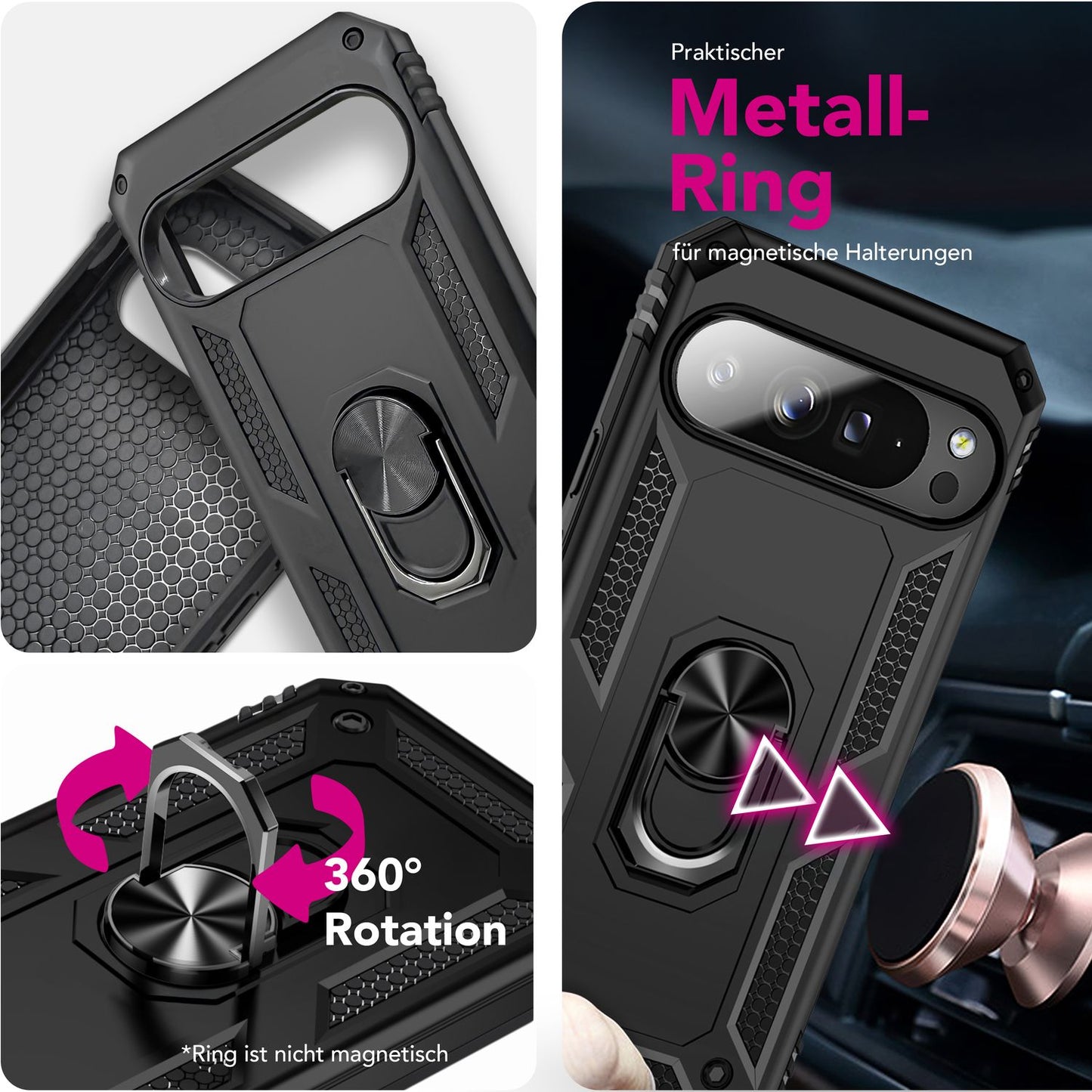 NALIA Hülle RingDefend für Google Pixel 10 Pro (Military-Grade Schutz), Militär Panzerhülle mit 360° Dreh-Ring & Ständer, Schlagfest & Stoßsicher, Outdoor Handy Cover - Schwarz