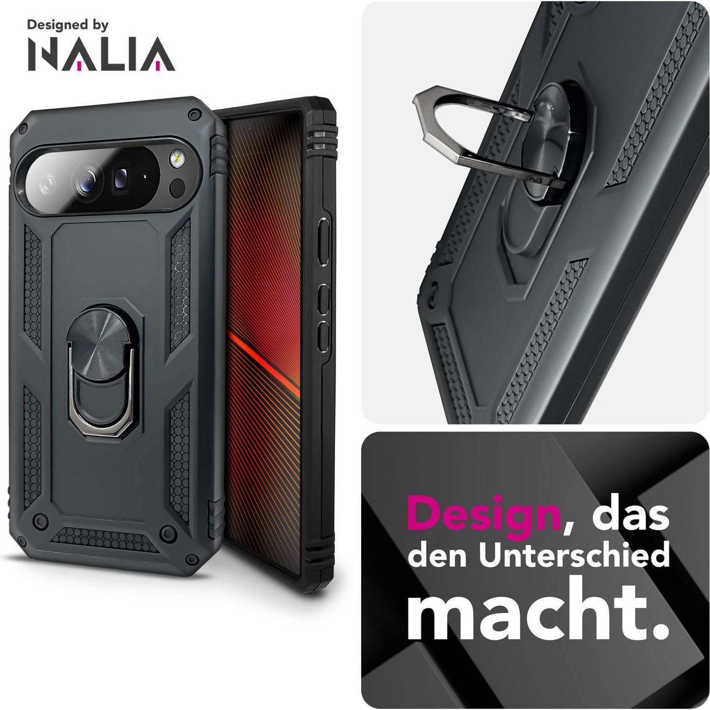 NALIA Hülle RingDefend für Google Pixel 10 Pro (Military-Grade Schutz), Militär Panzerhülle mit 360° Dreh-Ring & Ständer, Schlagfest & Stoßsicher, Outdoor Handy Cover - Schwarz