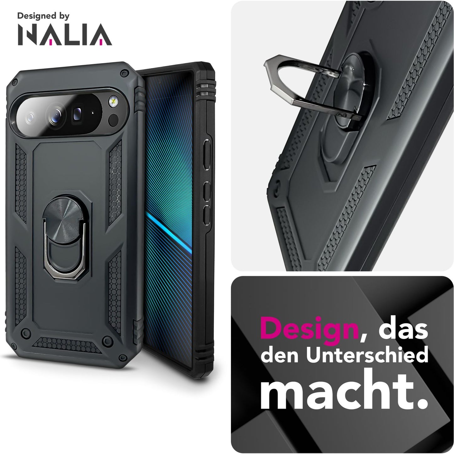 NALIA Hülle RingDefend für Google Pixel 10 Pro XL (Military-Grade Schutz), Panzerhülle mit 360° Dreh-Ring & Kickstand, Stoßfest & Schlagresistent, Outdoor Handyhülle - Schwarz