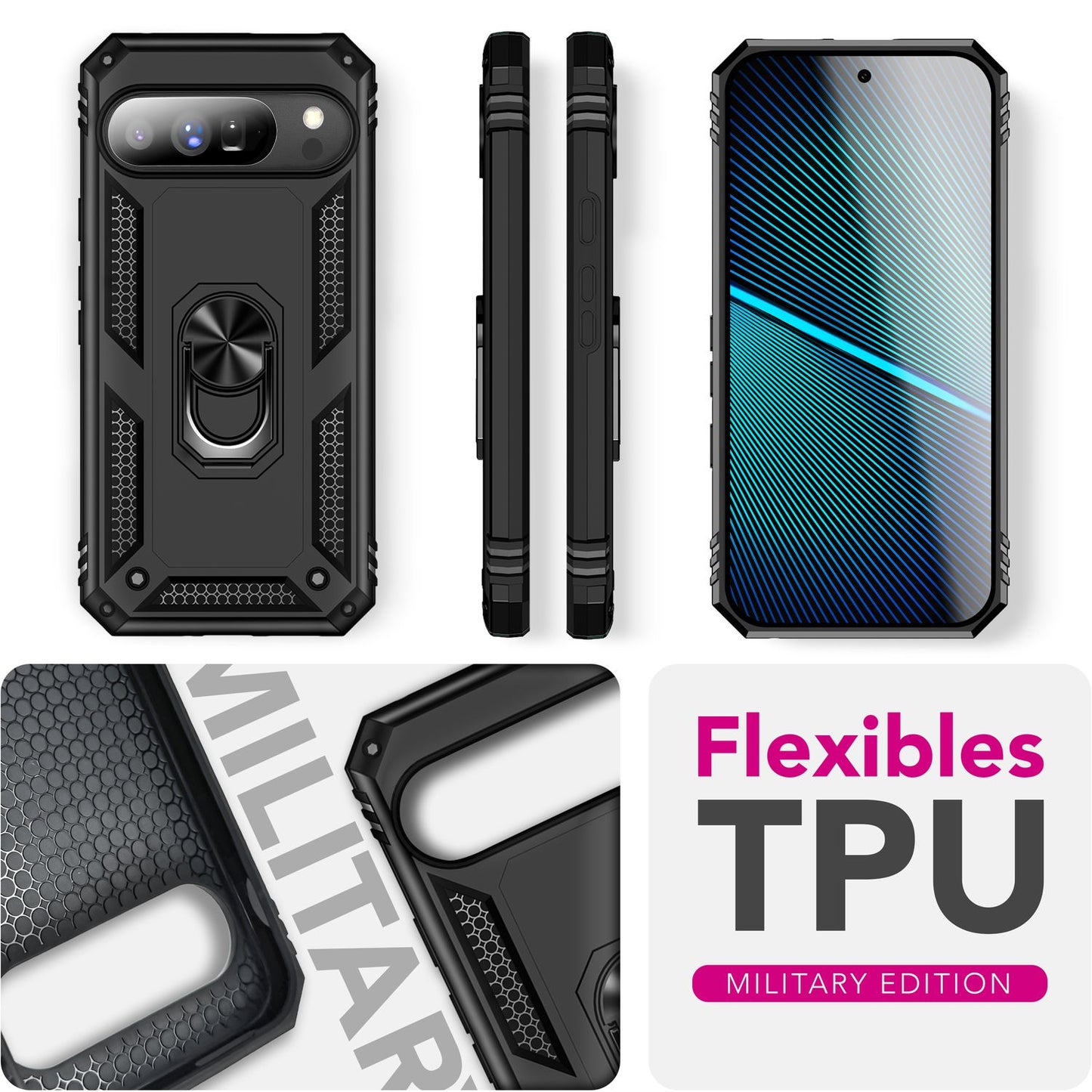 NALIA Hülle RingDefend für Google Pixel 10 Pro XL (Military-Grade Schutz), Panzerhülle mit 360° Dreh-Ring & Kickstand, Stoßfest & Schlagresistent, Outdoor Handyhülle - Schwarz