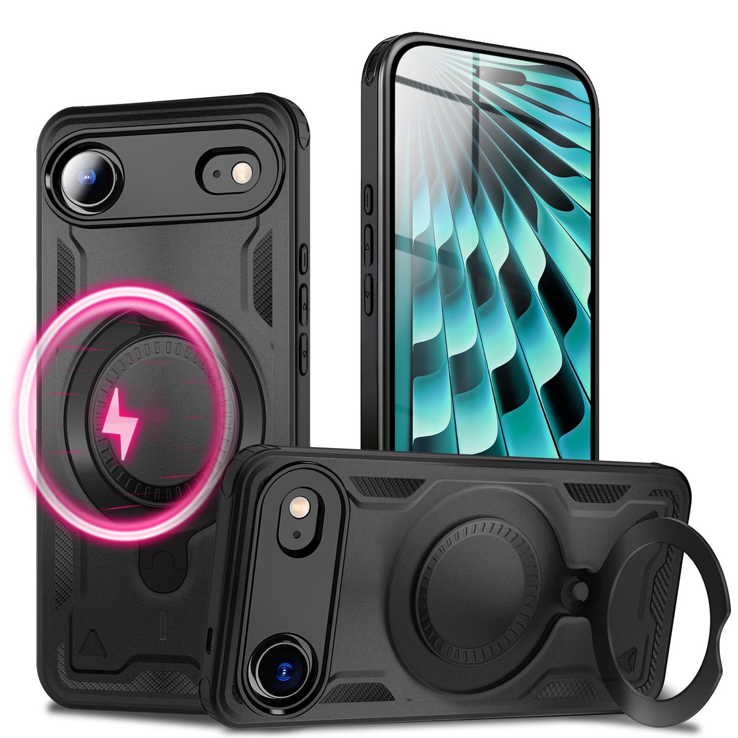 Etui NALIA Stormguard MagSafe – pierścień obrotowy 360°, ochrona przed uderzeniami wojskowymi, Volcano Black