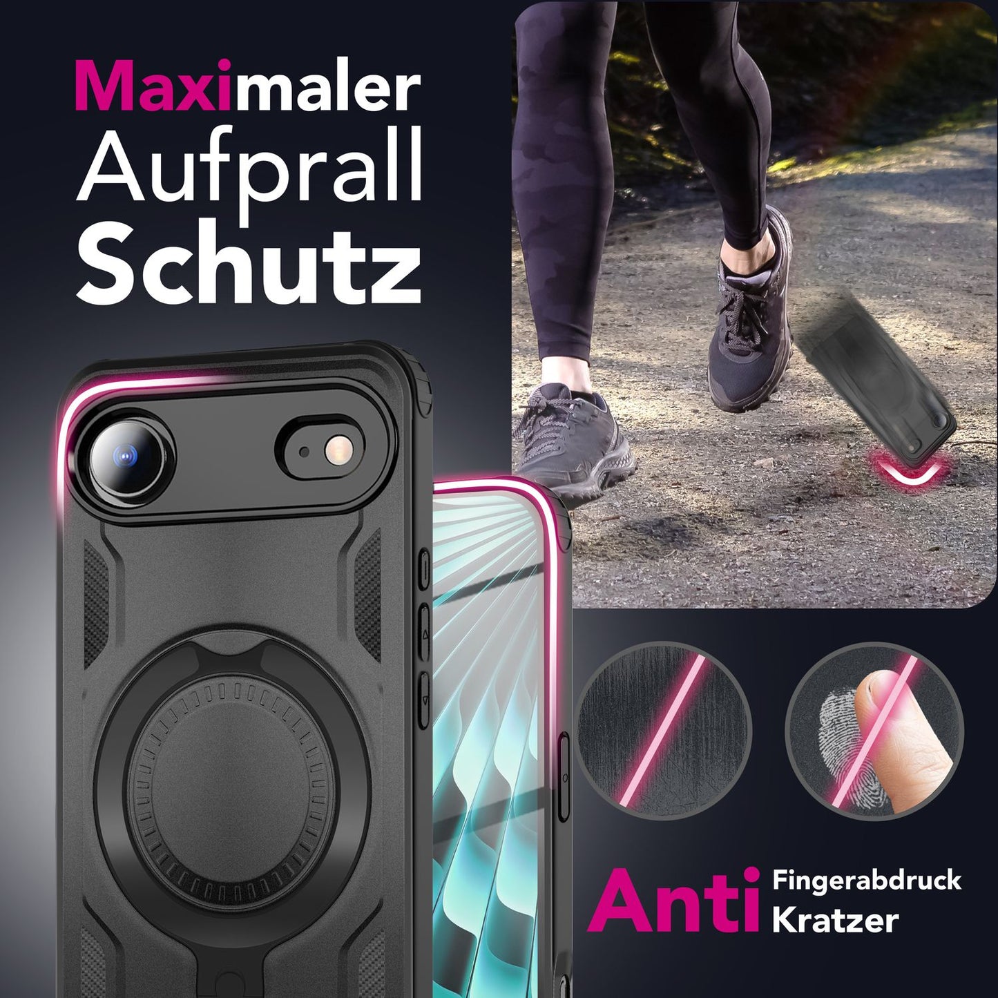 Etui NALIA Stormguard MagSafe – pierścień obrotowy 360°, ochrona przed uderzeniami wojskowymi, Volcano Black