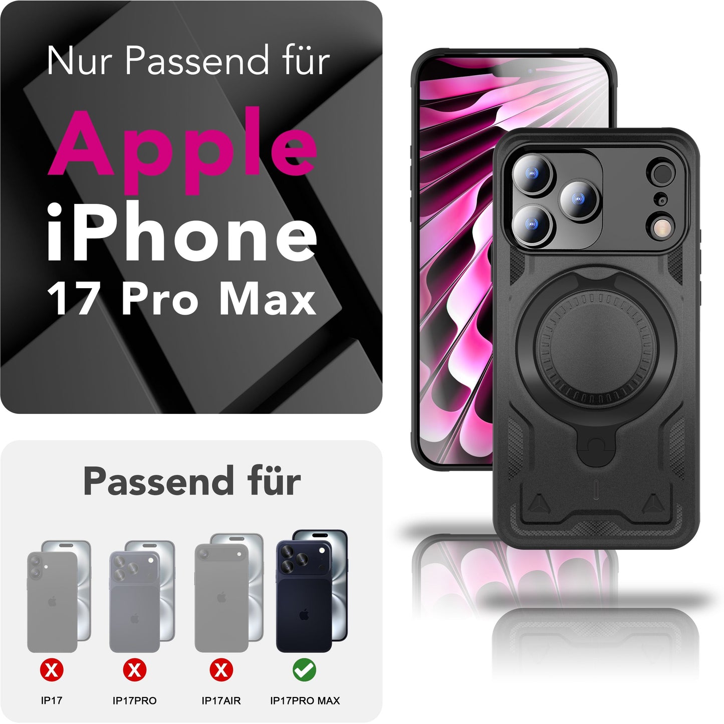 NALIA MagSafe Hülle Stormguard für Apple iPhone 17 Pro Max (Unzerstörbare Panzerhülle), Stoßfestes Armor Hardcase mit 360° Ring-Halter, Outdoor Militär Schutzhülle - Vulkanschwarz