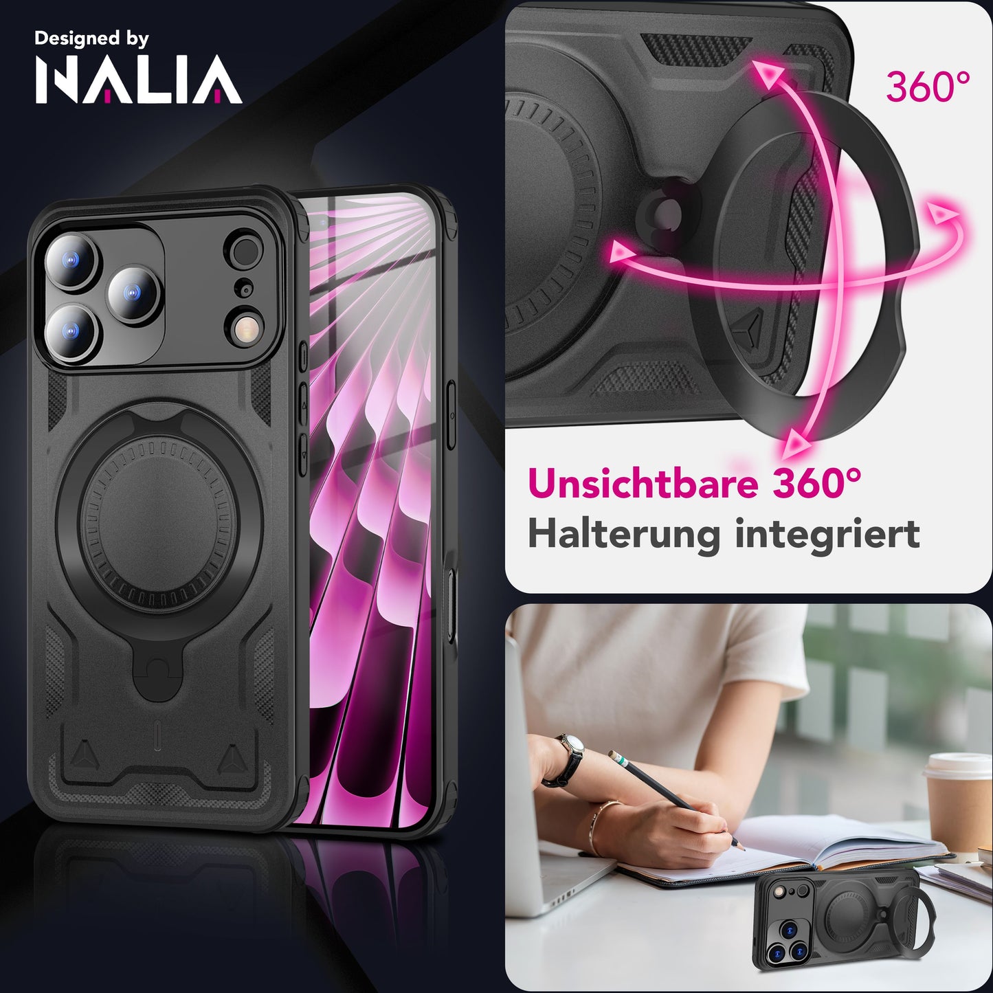 NALIA MagSafe Hülle Stormguard für Apple iPhone 17 Pro Max (Unzerstörbare Panzerhülle), Stoßfestes Armor Hardcase mit 360° Ring-Halter, Outdoor Militär Schutzhülle - Vulkanschwarz