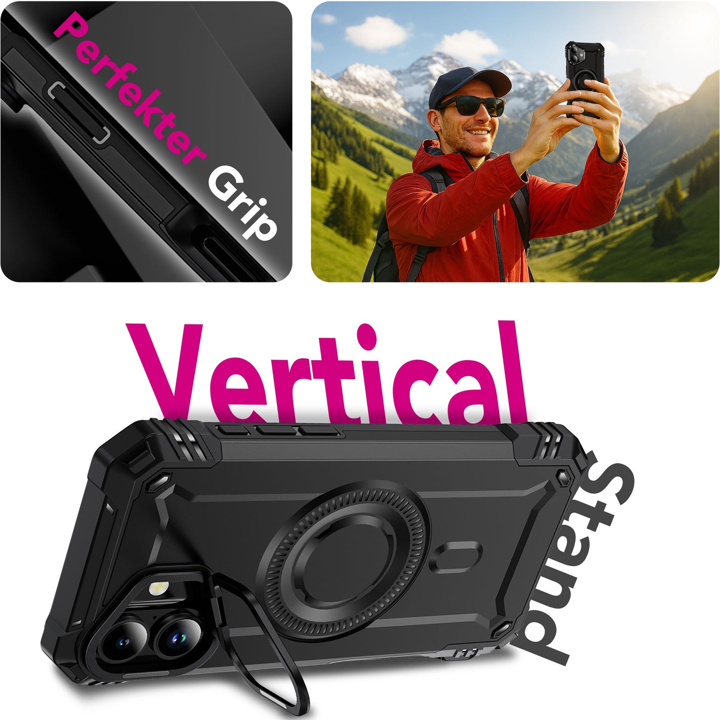 NALIA MagSafe Hülle Granite für Apple iPhone 17 (Militär-Panzer) - Stoßfestes Armor Case, Robuste Schutzhülle mit Kickstand, Heavy Duty Cover, Aufprallschutz - Vulkanschwarz