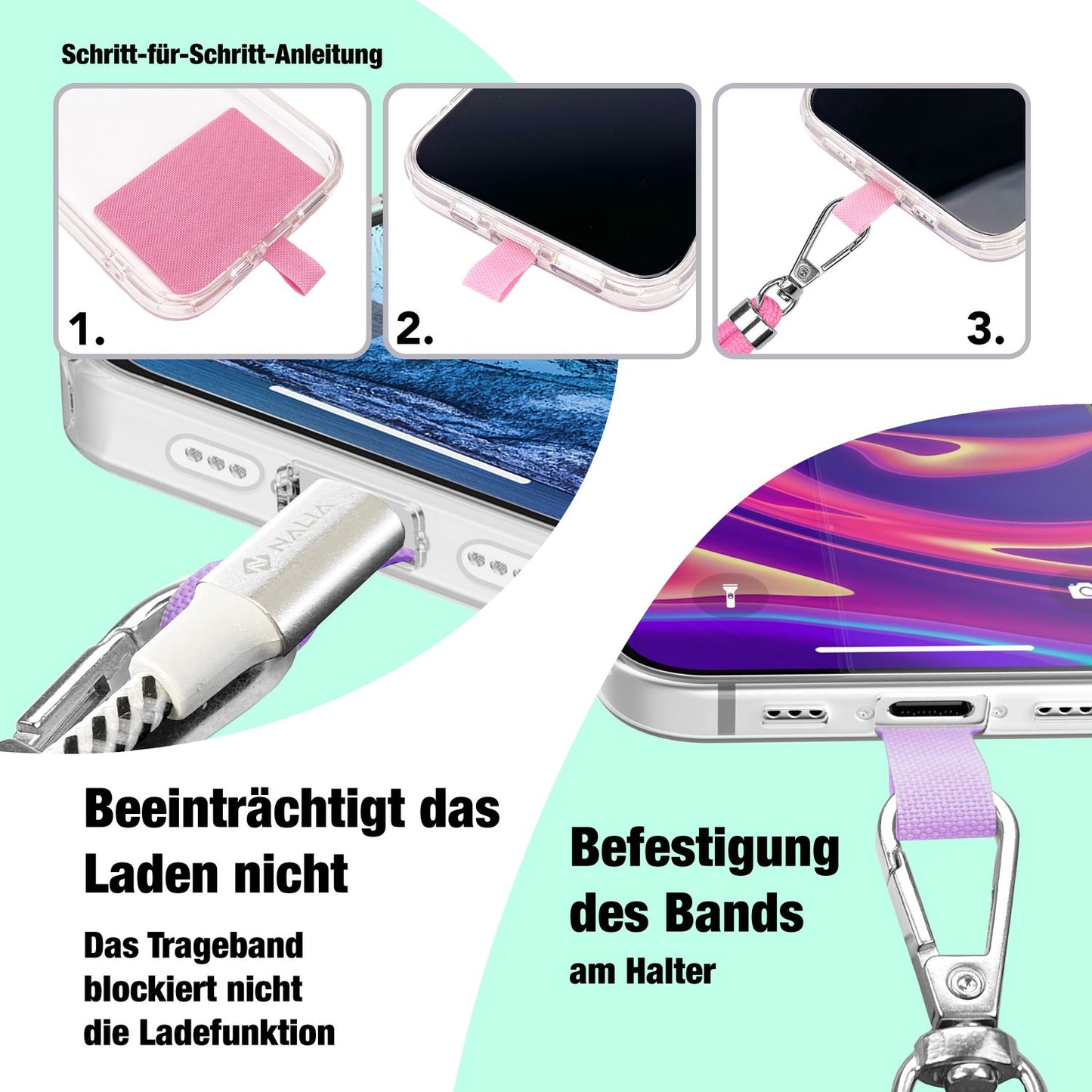 NALIA Universal-Kette mit Pad, Band für Handy-Hülle zum Umhängen, Karabinerhaken aus Metall (silber), Schlüsselband Umhängeband 160 CM, Crossbody Lanyard