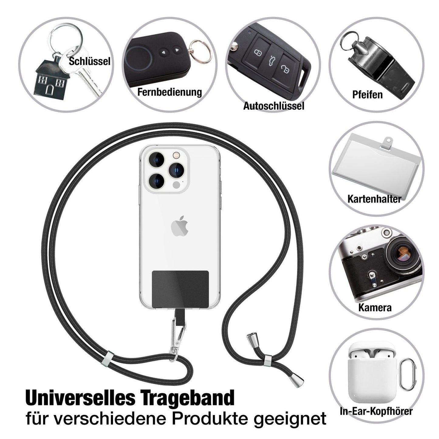 NALIA Universal-Kette mit Pad, Band für Handy-Hülle zum Umhängen, Karabinerhaken aus Metall (silber), Schlüsselband Umhängeband 160 CM, Crossbody Lanyard