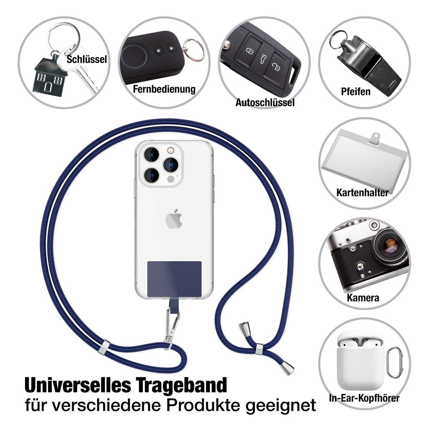 NALIA Universal-Kette mit Pad, Band für Handy-Hülle zum Umhängen, Karabinerhaken aus Metall (silber), Schlüsselband Umhängeband 160 CM, Crossbody Lanyard