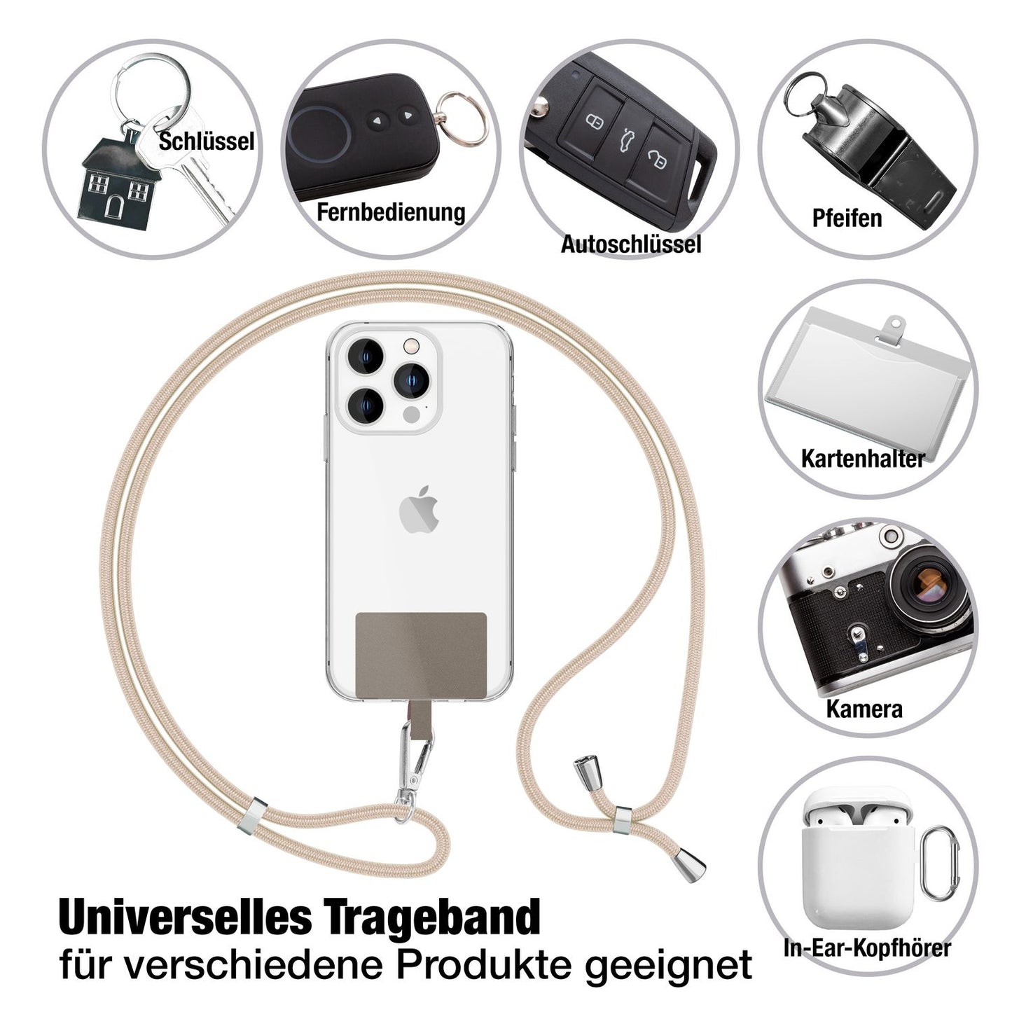 NALIA Universal-Kette mit Pad, Band für Handy-Hülle zum Umhängen, Karabinerhaken aus Metall (silber), Schlüsselband Umhängeband 160 CM, Crossbody Lanyard